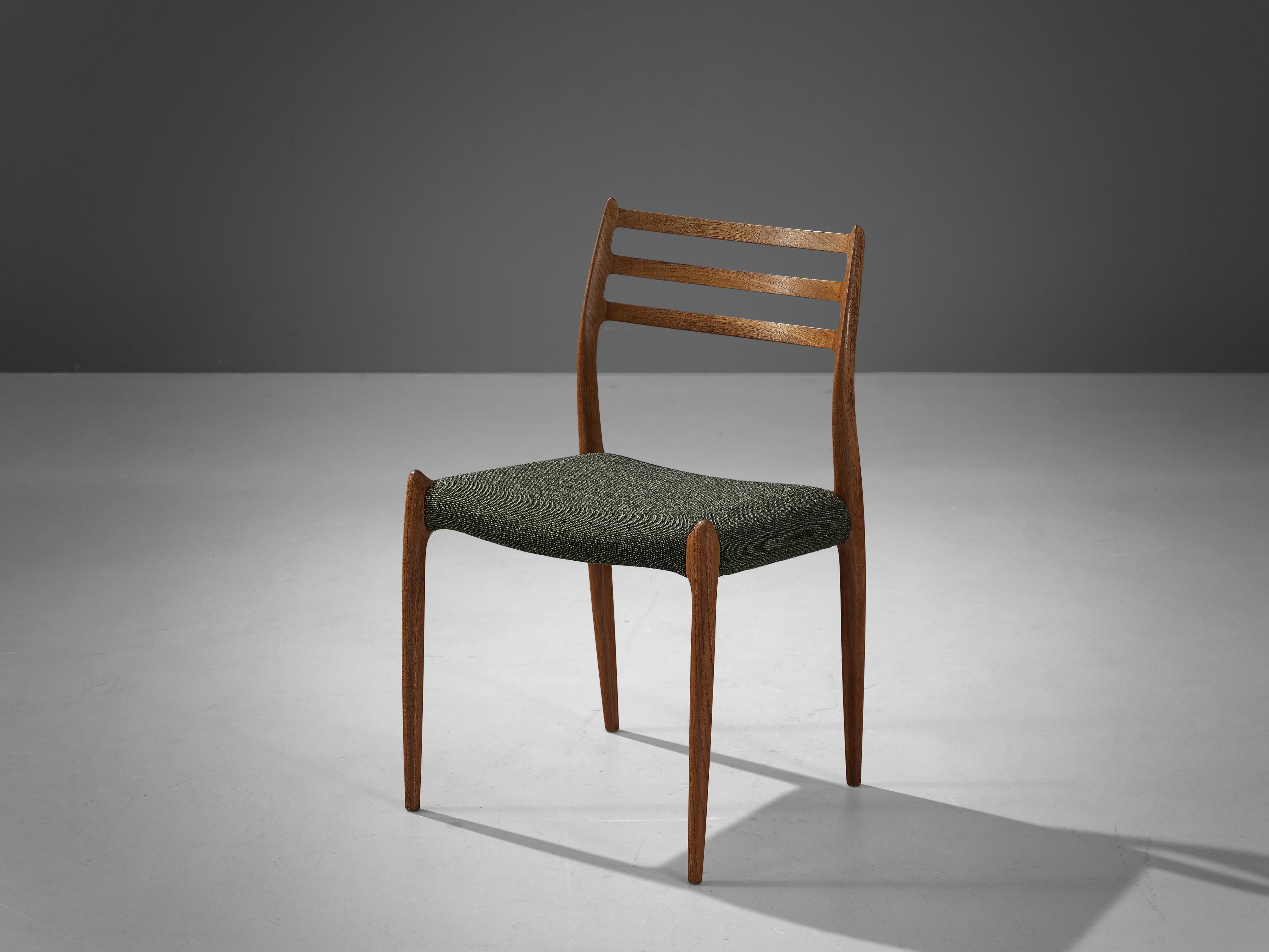 Niels Otto Moller, for J.L. Møllers Møbelfabrik, dining chair 'model nr. 78', in teak and fabric, Denmark, 1960s.

Dining chair in green upholstery. This design, 'model nr. 78', is by far one of Moller's most refined designs, rewarded worldwide.