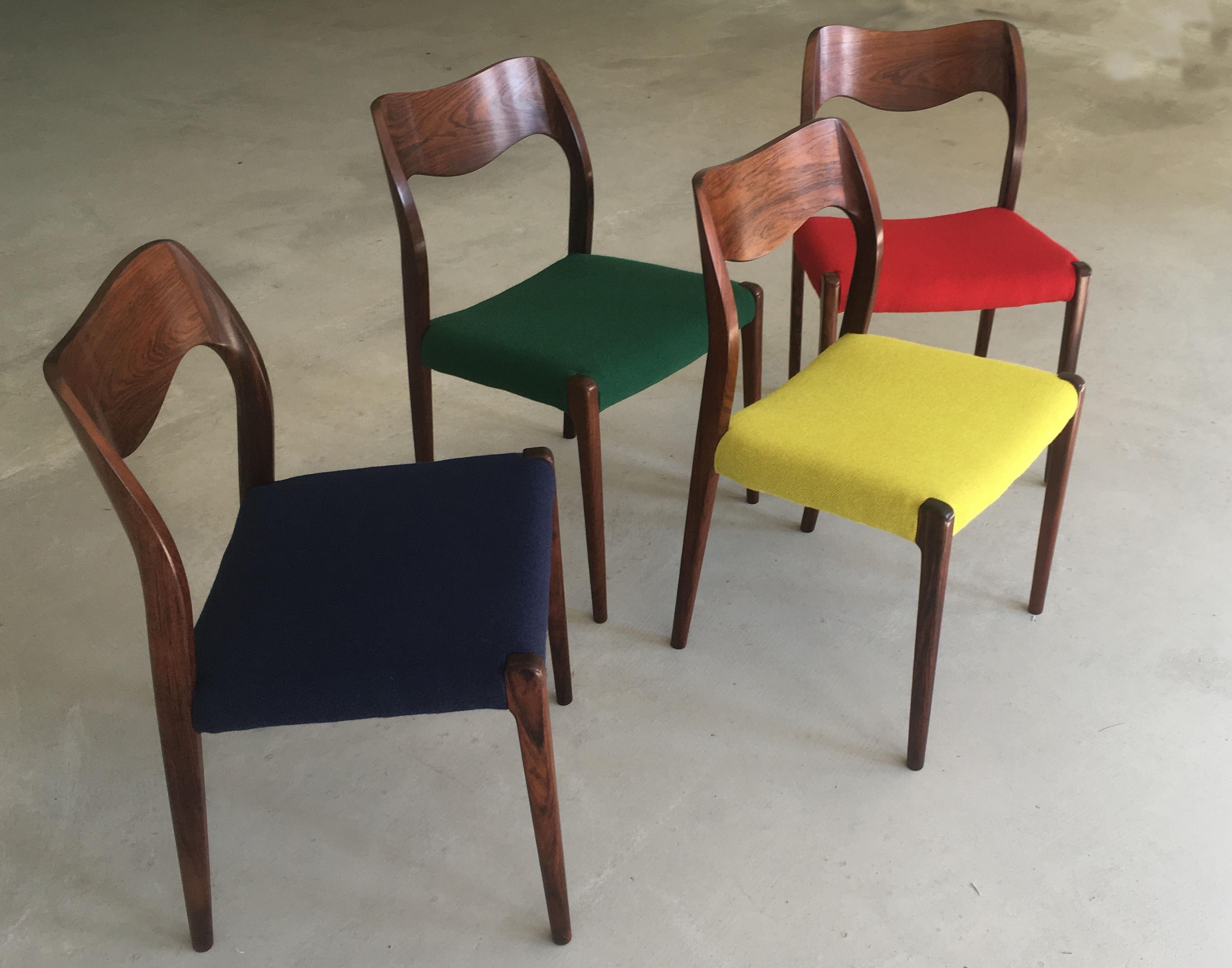 Scandinavian Modern Niels Otto Møller Four Fully Restored Rosewood Dining Chairs - Custom Upholstery For Sale