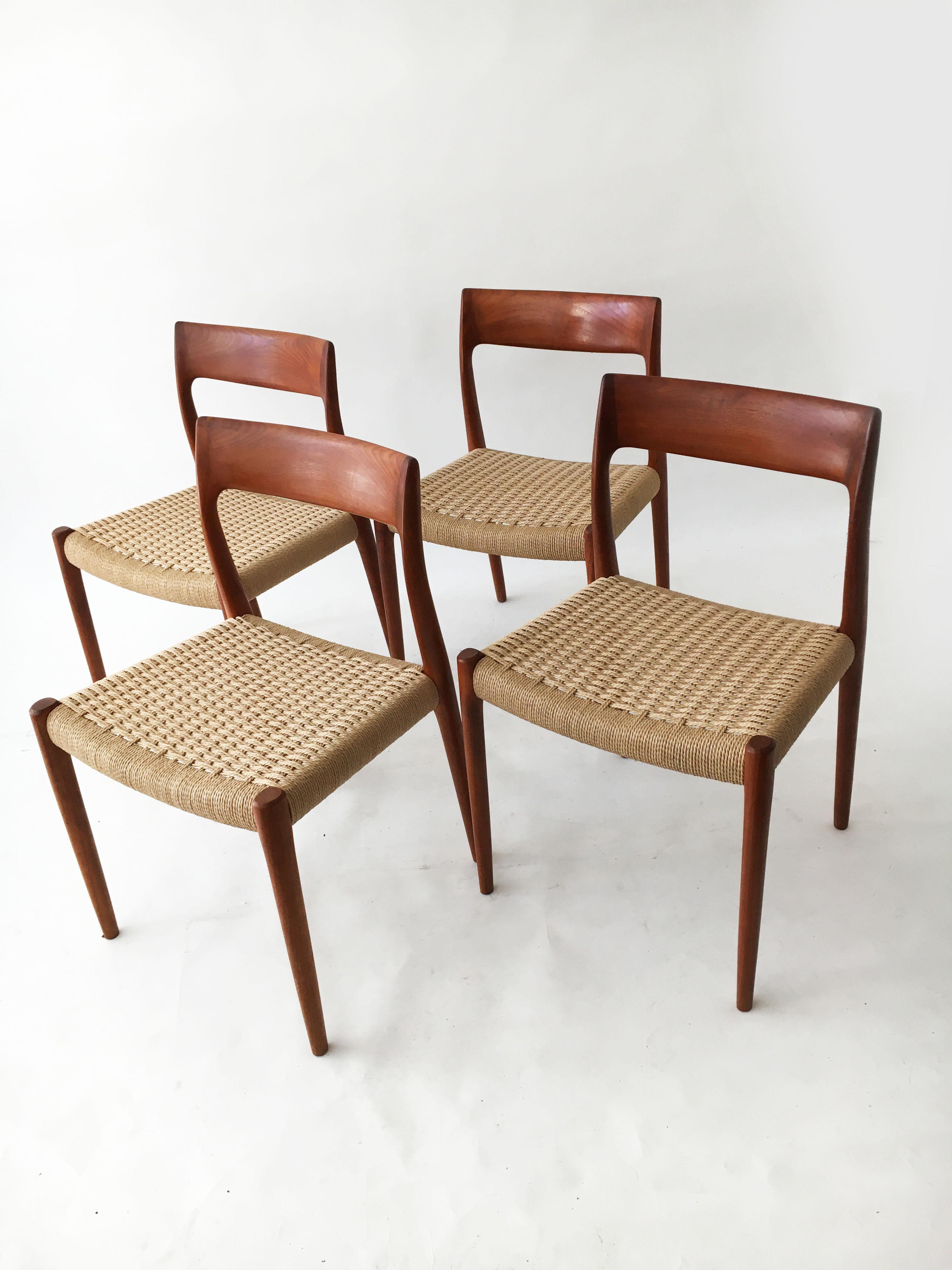 Niels Otto Møller Model 77 Set of Four Vintage Teak Dining Chairs, Denmark 1958. Original paper cord in very good condition. 