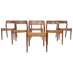 Vintage Niels Otto Møller "Model 75" Teak and Paper Cord Dining Chairs, 1950s, Denmark