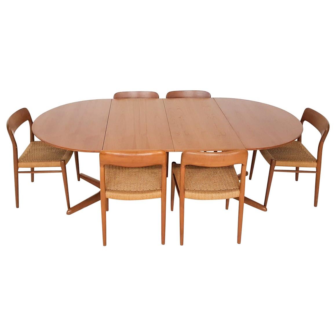 Niels Otto Møller "Model 75" Teak and Paper Cord Dining Chairs and Table, 1950s
