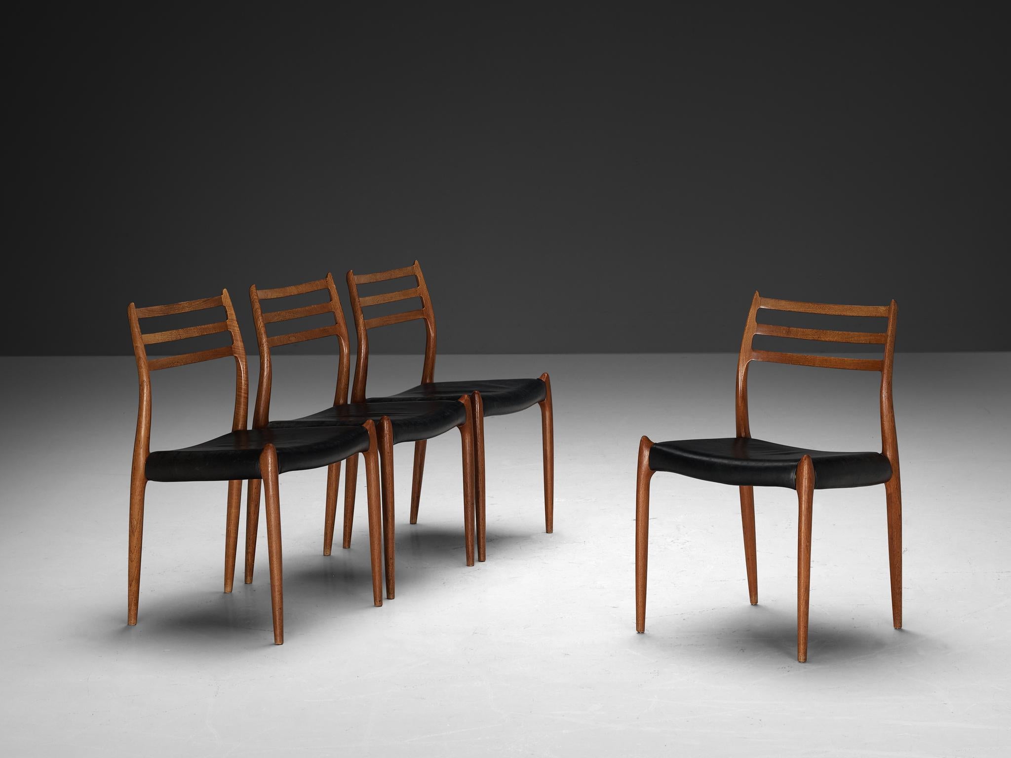 Niels Otto Møller, set of four dining chairs, model 78, teak, leather, Denmark, 1960s.

A beautiful dining set designed by Danish Niels Otto Møller. Carved from the rich, lustrous grain of teak wood, these chairs stand as tributes to Møller's