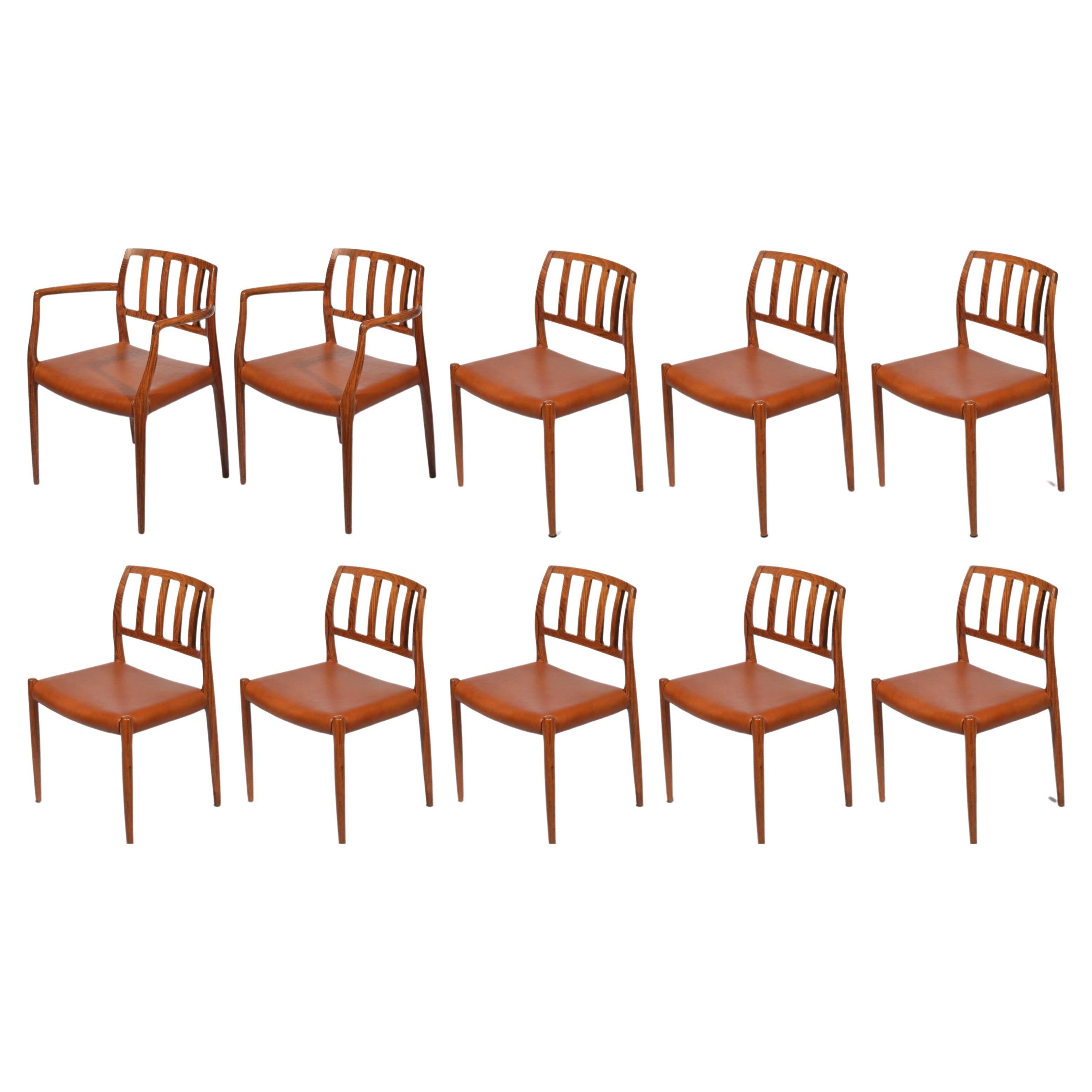 Niels Otto Møller Teak and Leather Dining Chairs, Models 66 & 83, Set of Ten