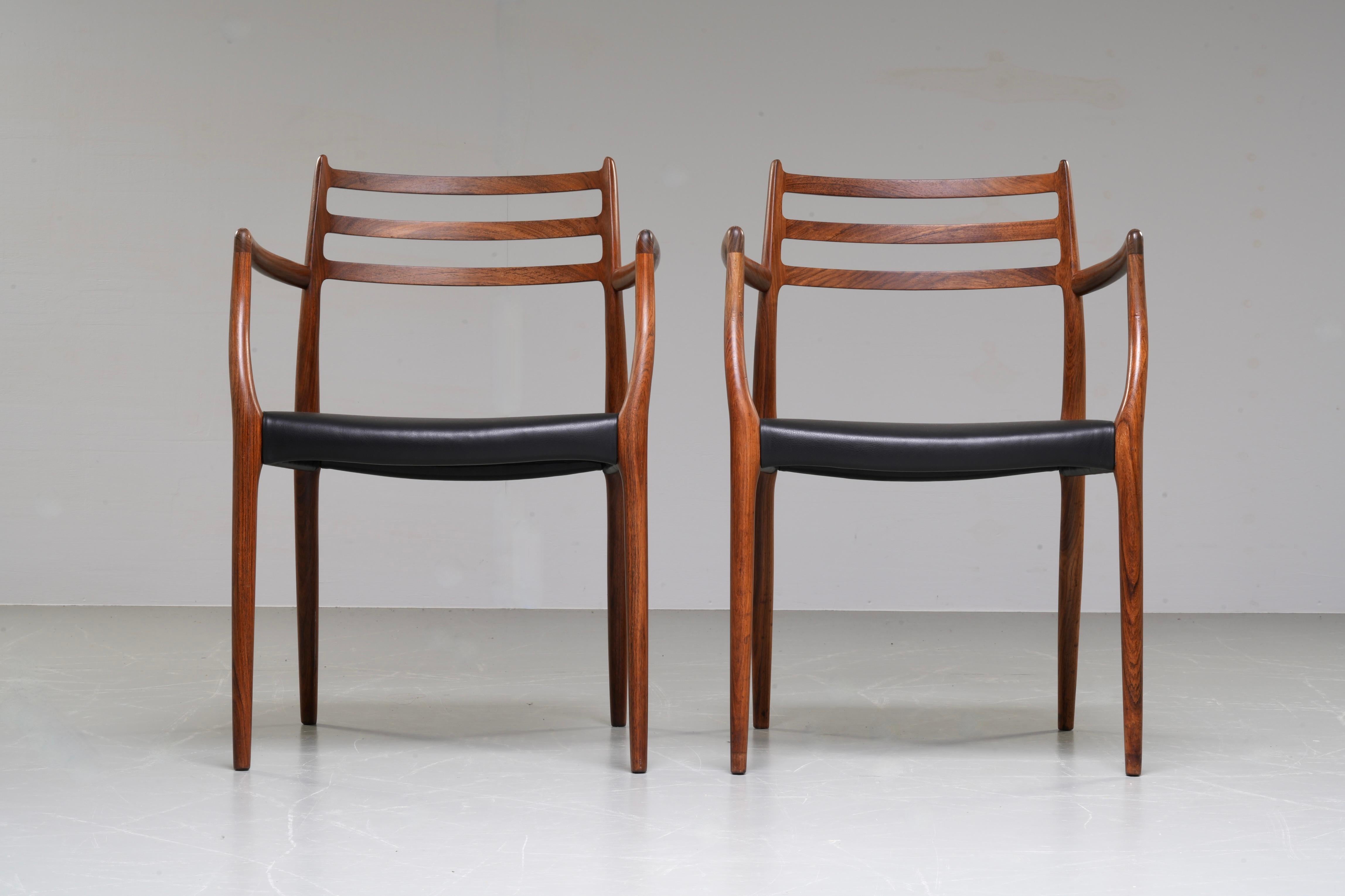 Mid-20th Century Niels Otto Mølller set of two Chair 62 in Rosewood and Leather, Denmark, 1960's For Sale