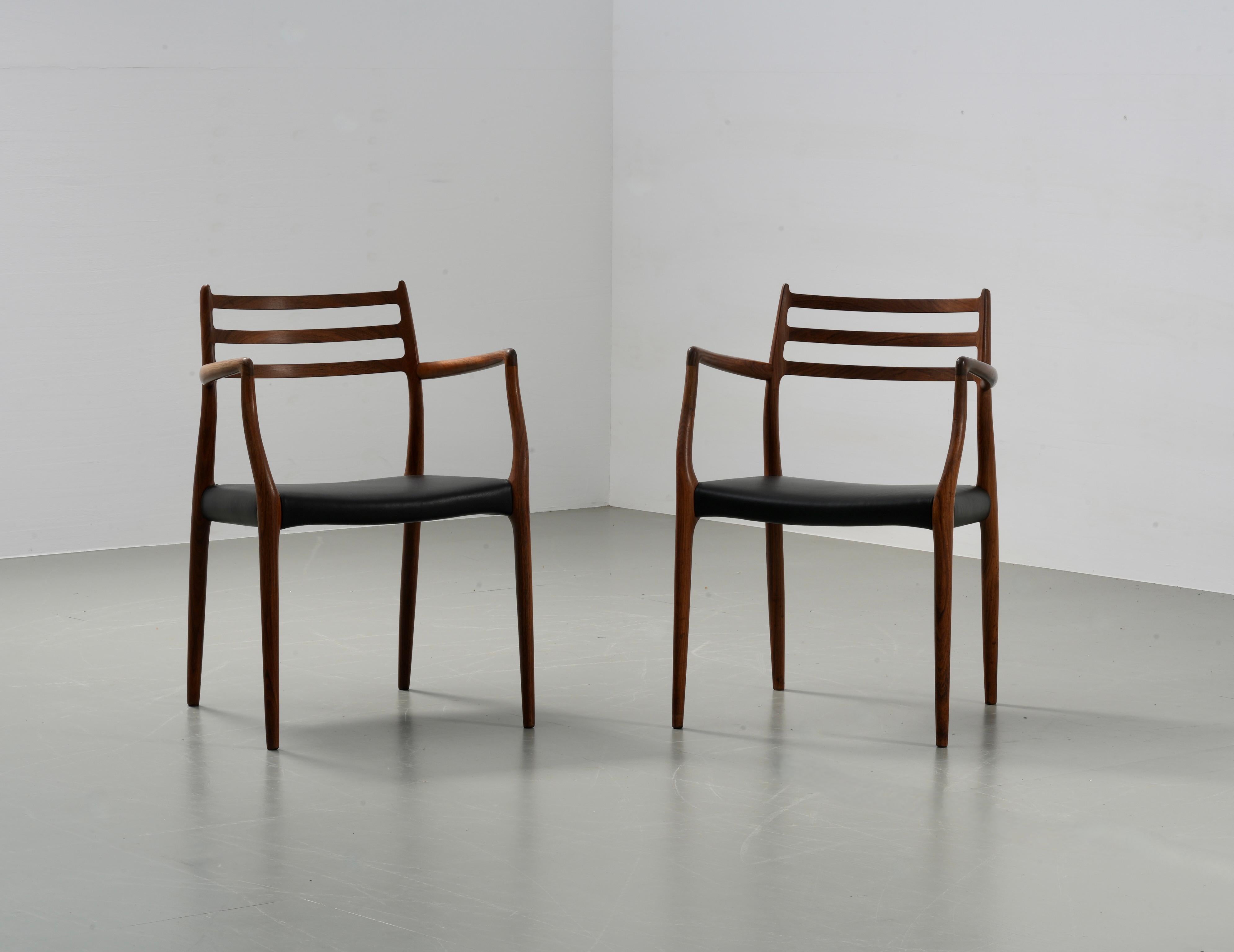 Niels Otto Mølller set of two Chair 62 in Rosewood and Leather, Denmark, 1960's For Sale 2