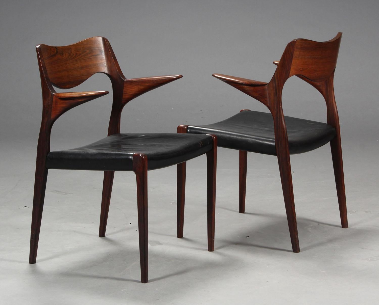Scandinavian Modern Niels Otto Moller 1951 Dining Chairs with Arms in Original Black Leather