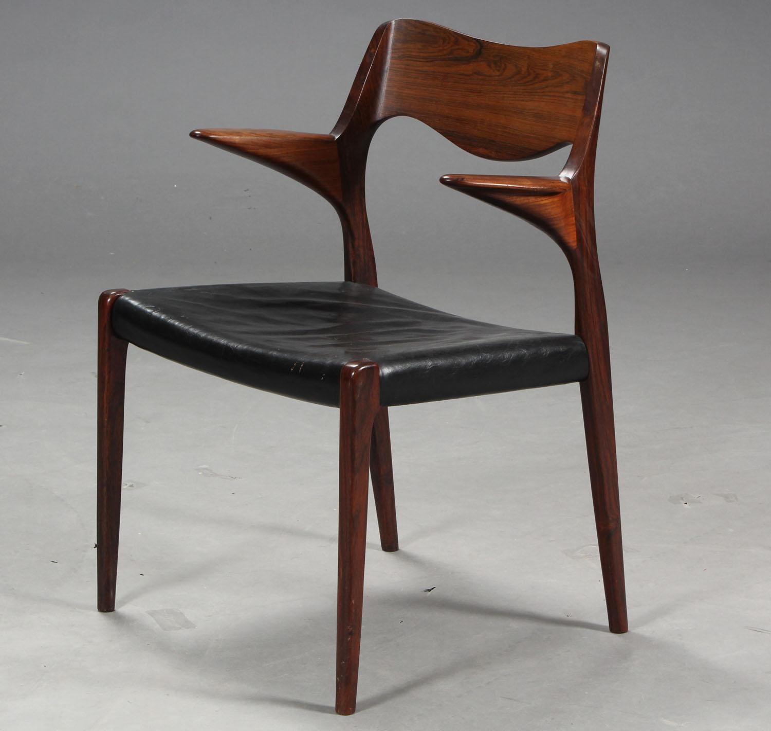 Niels Otto Moller 1951 Dining Chairs with Arms in Original Black Leather 2