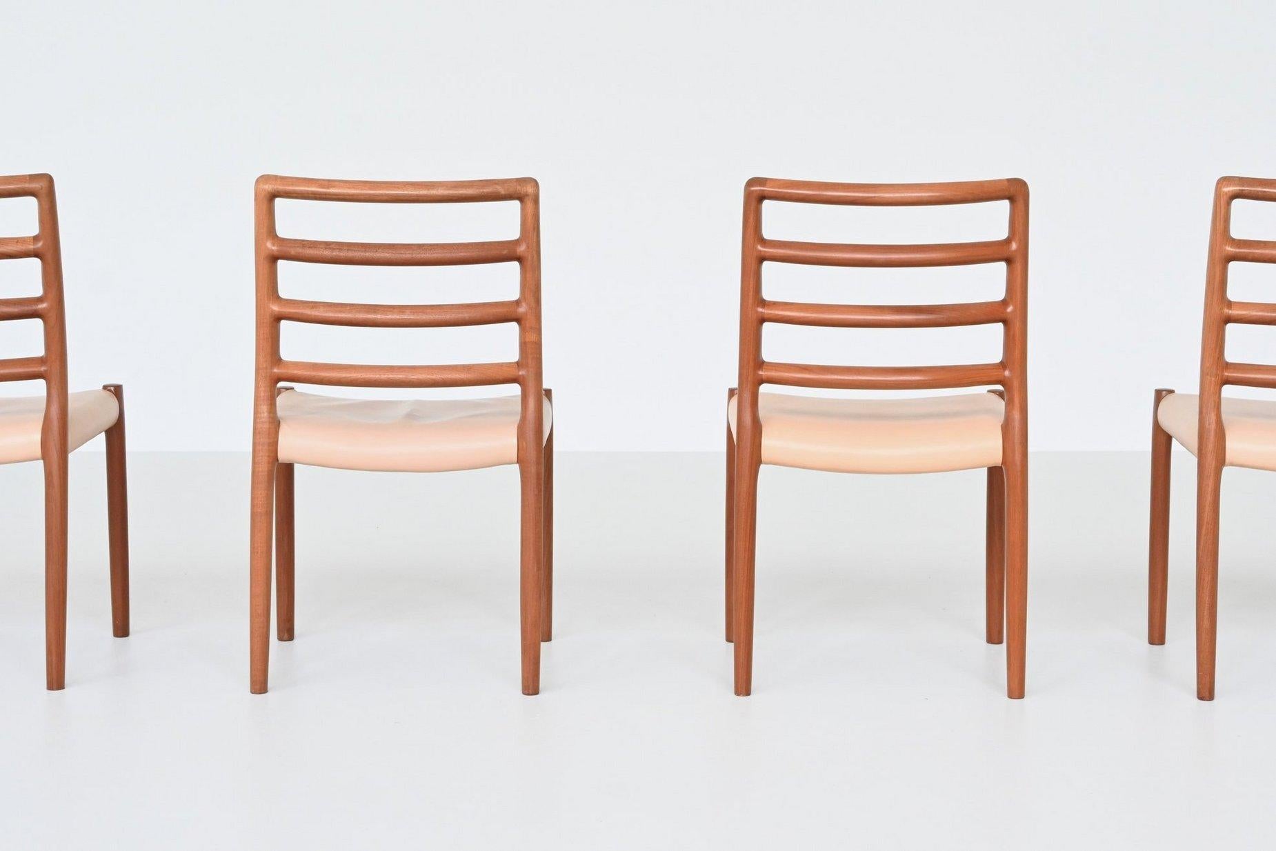 Leather Niels Otto Moller dining chairs model 85 teak Denmark 1960 For Sale