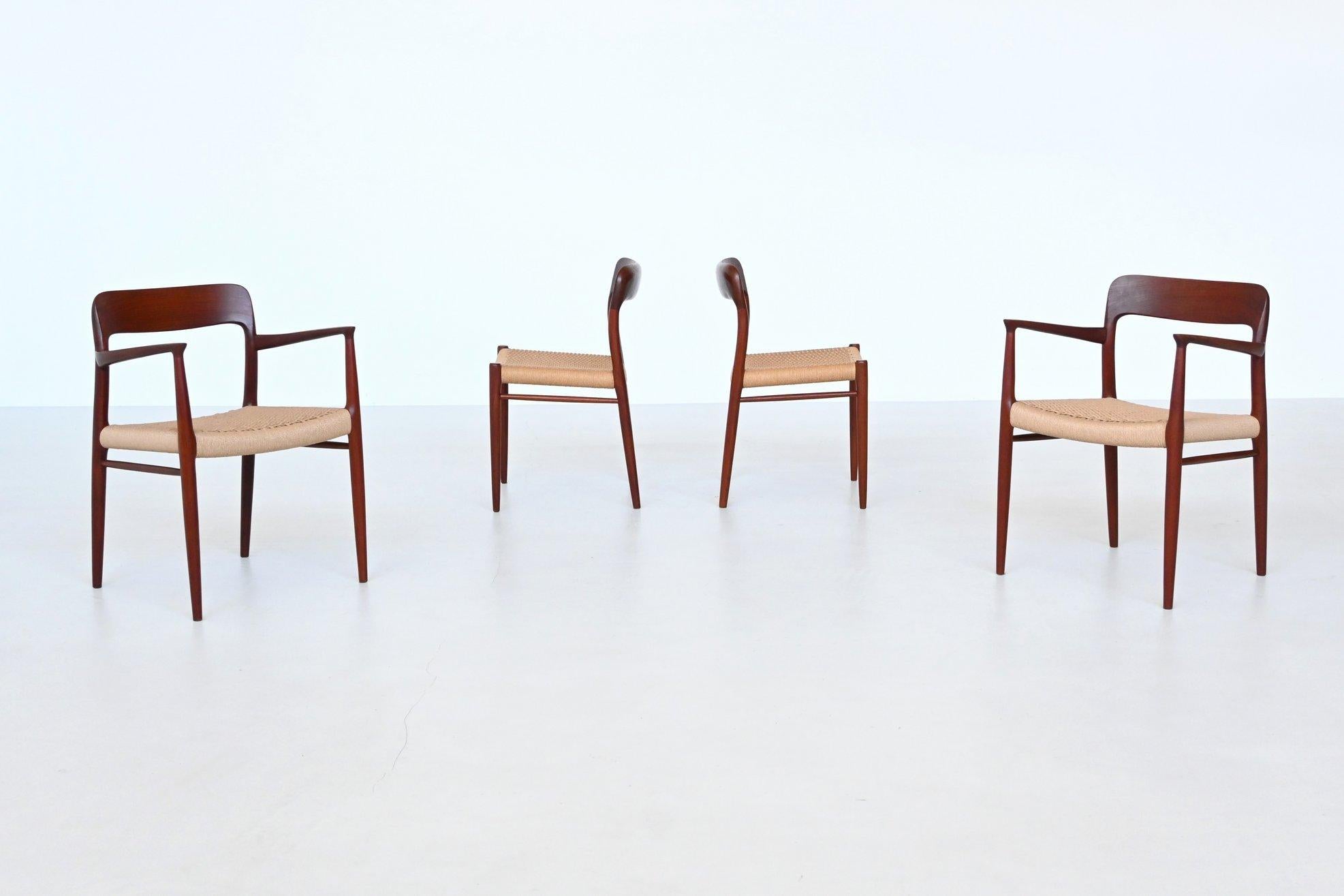 Very nice set of four dining chairs model 56 and 75 designed by Niels Otto Møller and manufactured by J.L. Møller Mobelfabrik, Denmark 1954. These iconic chairs are made of solid teak and have original paper cord seats. The back legs are slightly