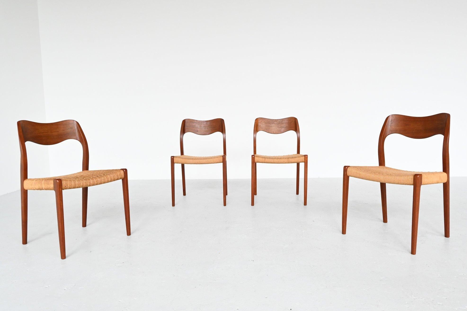 Mid-Century Modern Niels Otto Moller Model 71 Teak Paper Cord Dining Chairs, Denmark, 1960