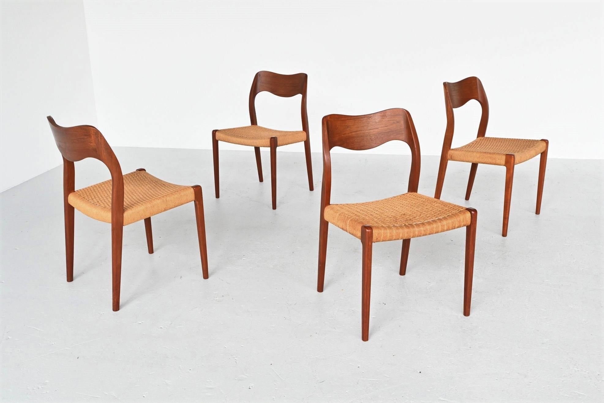 Danish Niels Otto Moller Model 71 Teak Paper Cord Dining Chairs, Denmark, 1960