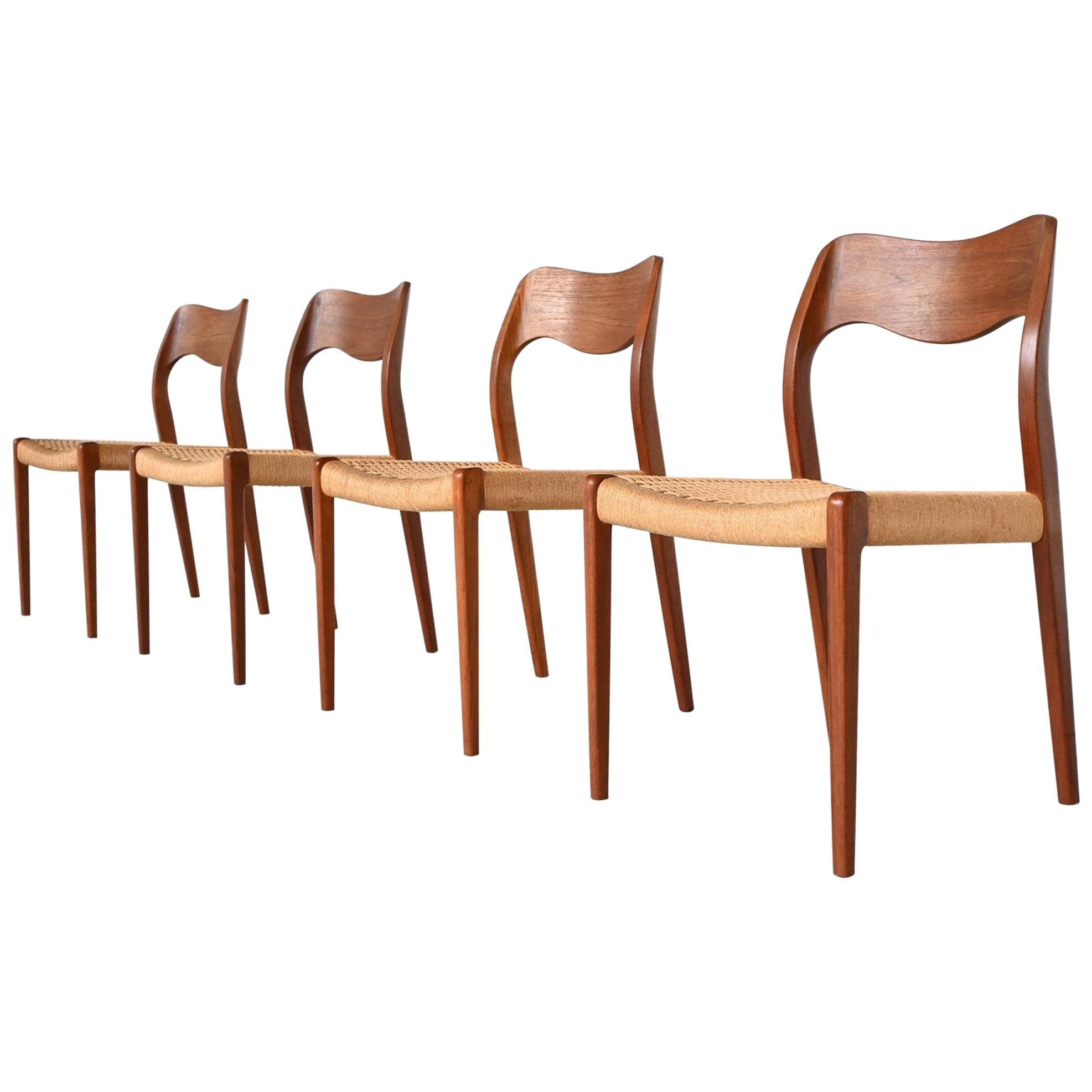 Niels Otto Moller Model 71 Teak Paper Cord Dining Chairs, Denmark, 1960