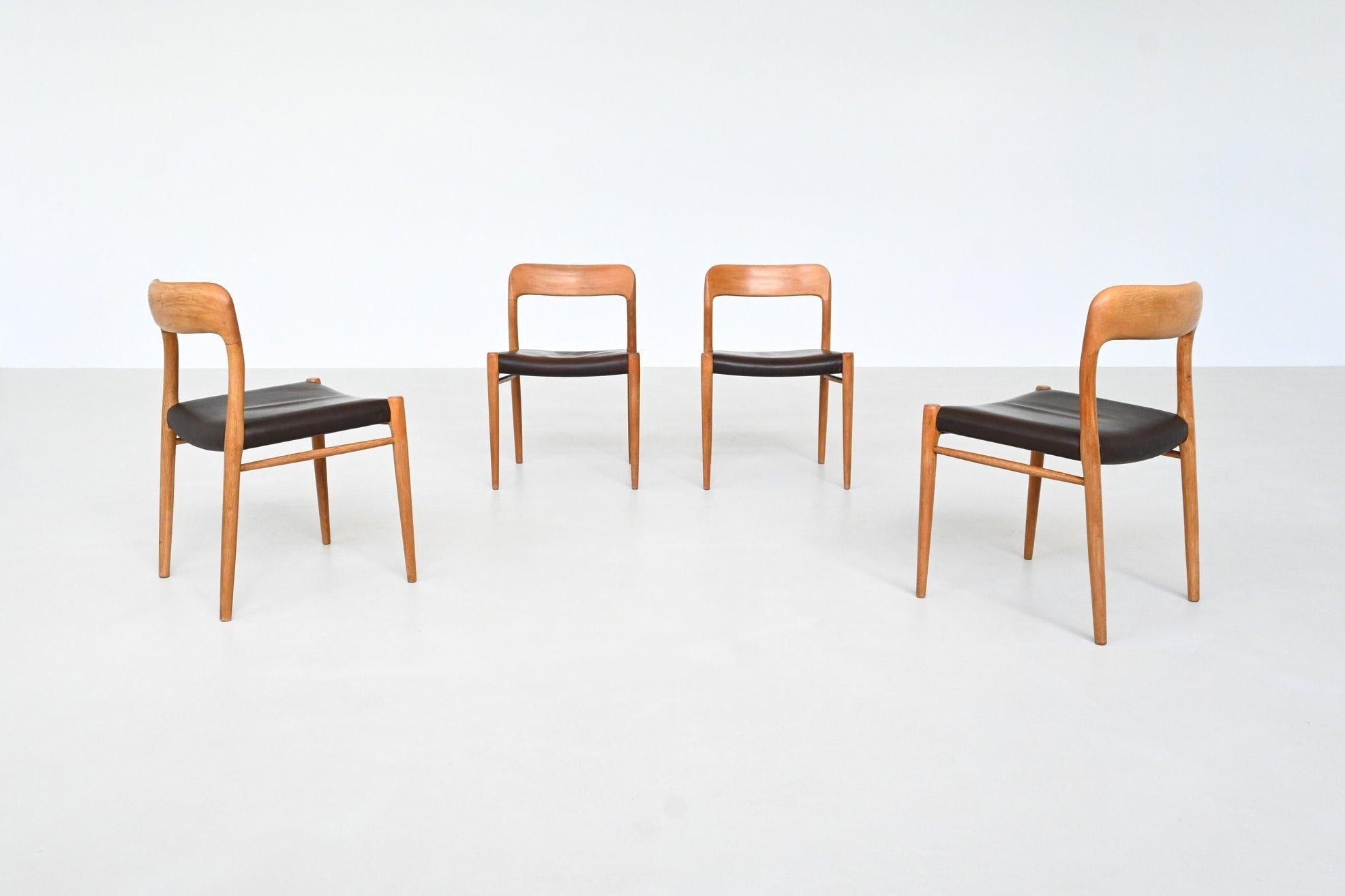 Very nice set of four dining chairs model 75 designed by Niels Otto Møller and manufactured by J.L. Møller Mobelfabrik, Denmark 1954. These exquisite chairs epitomize the elegance and ergonomic craftsmanship of Danish furniture design from the