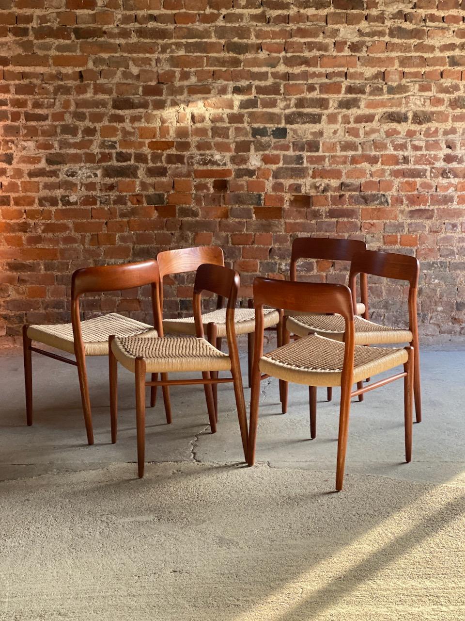 A magnificent set of six model 75 chairs by Danish designer Niels Otto Møller, and manufactured by JL Møllers Møbelfabrik circa 1970 chair featuring frames made of solid teak and seating made of paper cord, these chairs have been fully restorered,