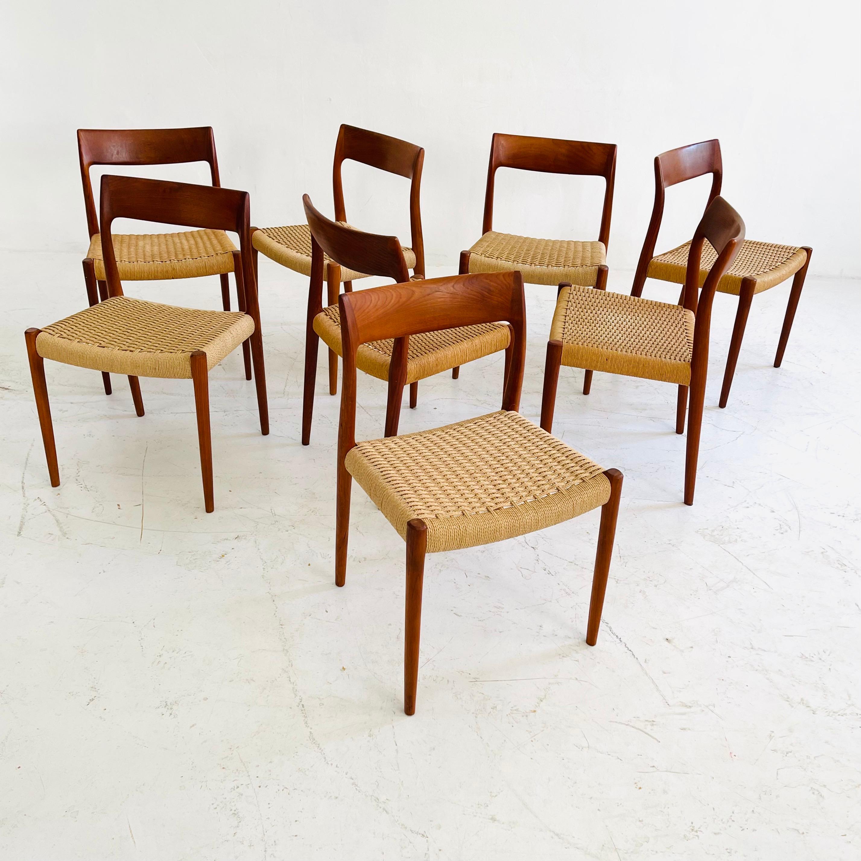 Niels Otto Moller teak dining chair model no. 77 set of eight, Denmark, 1960s.