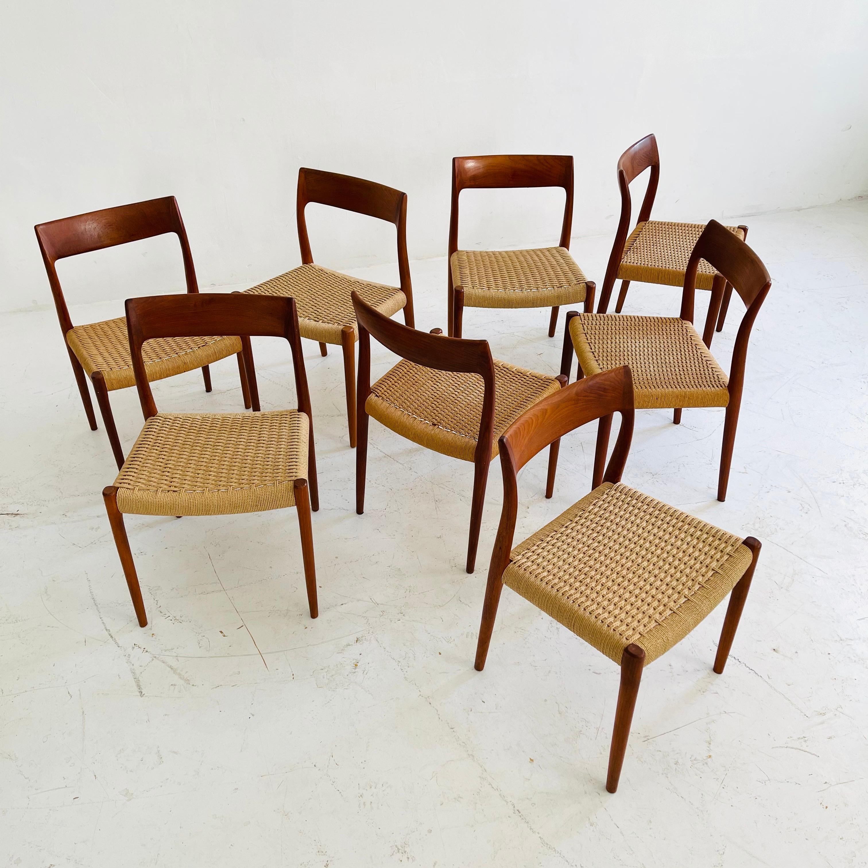 Rope Niels Otto Moller Teak Dining Chair Model No. 77 Set of Eight, Denmark, 1960s