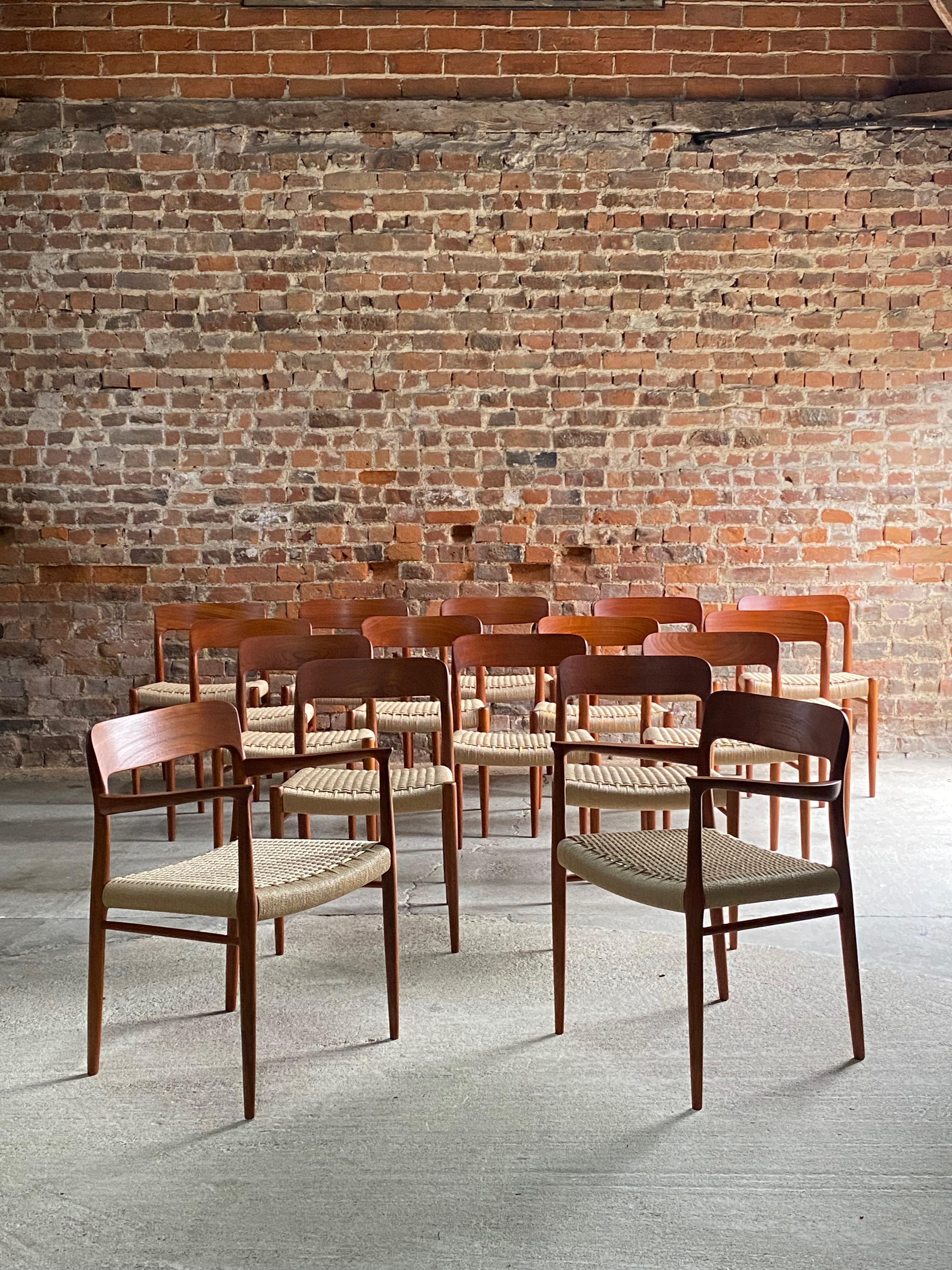 Mid-Century Modern Niels Otto Moller Teak & Paper Cord Dining Chairs Model 56 & 75 Set of 16, 1960 For Sale