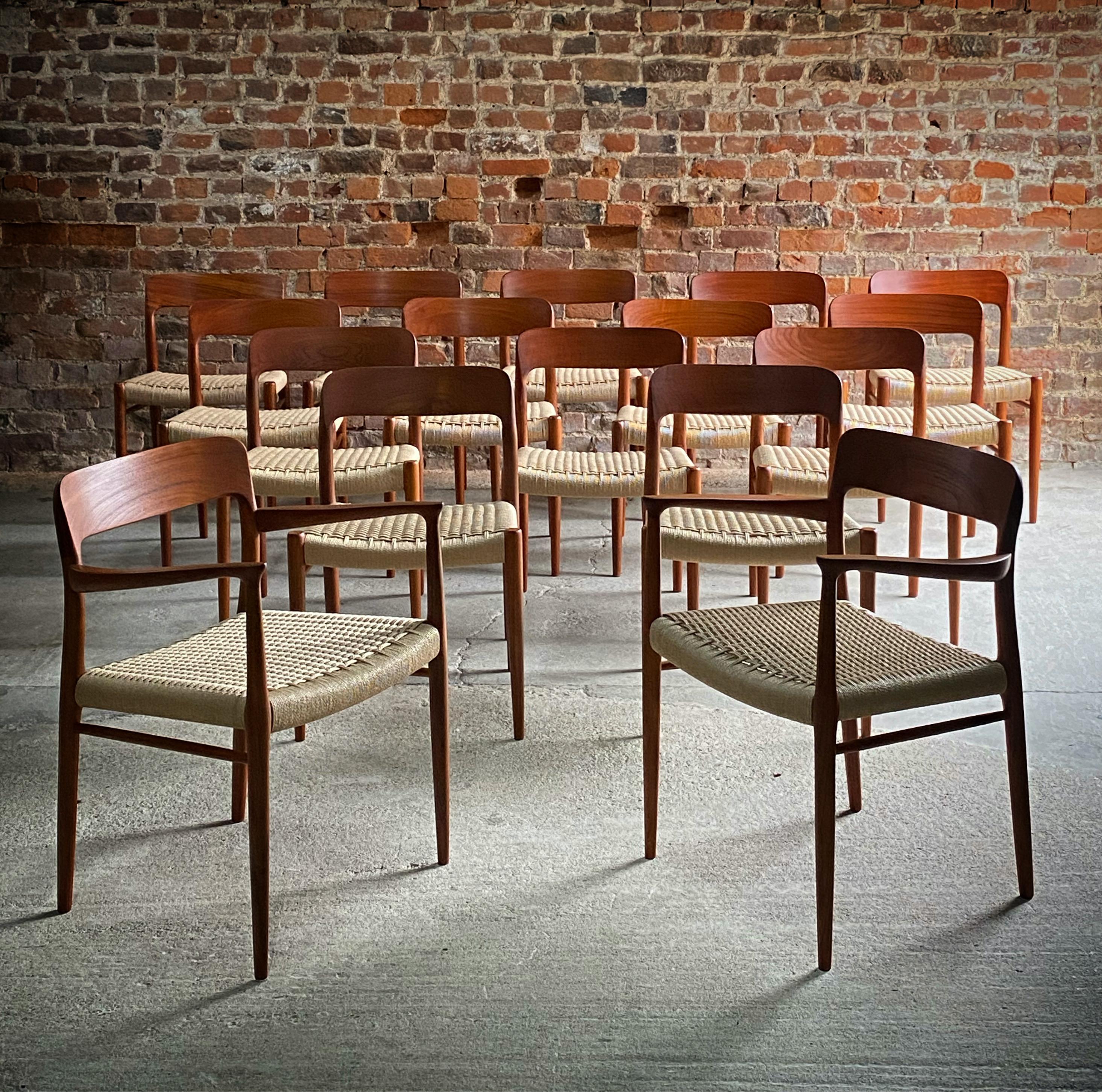 Mid-20th Century Niels Otto Moller Teak & Paper Cord Dining Chairs Model 56 & 75 Set of 16, 1960 For Sale