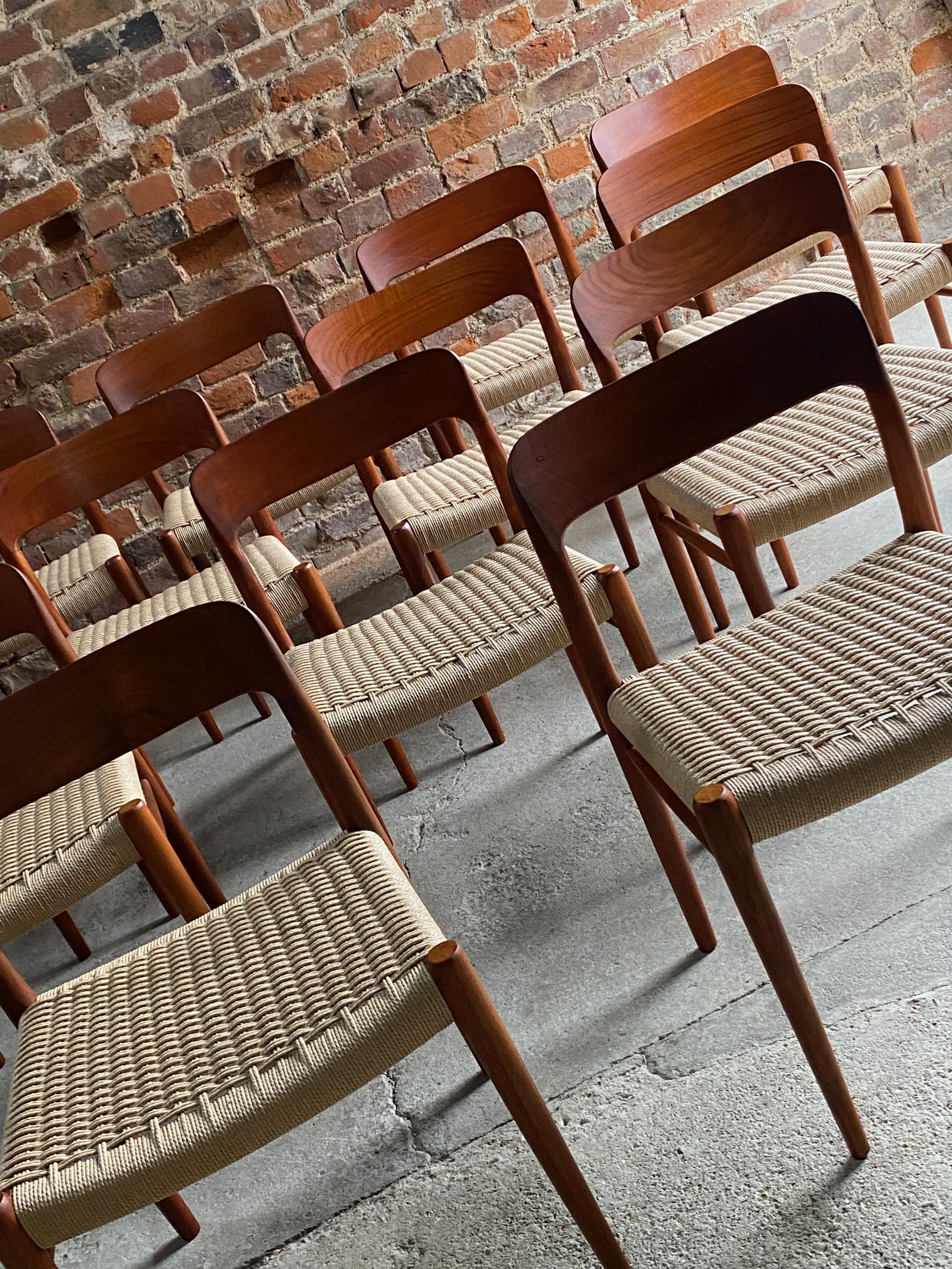 Niels Otto Moller Teak & Paper Cord Dining Chairs Model 56 & 75 Set of 16, 1960 For Sale 1
