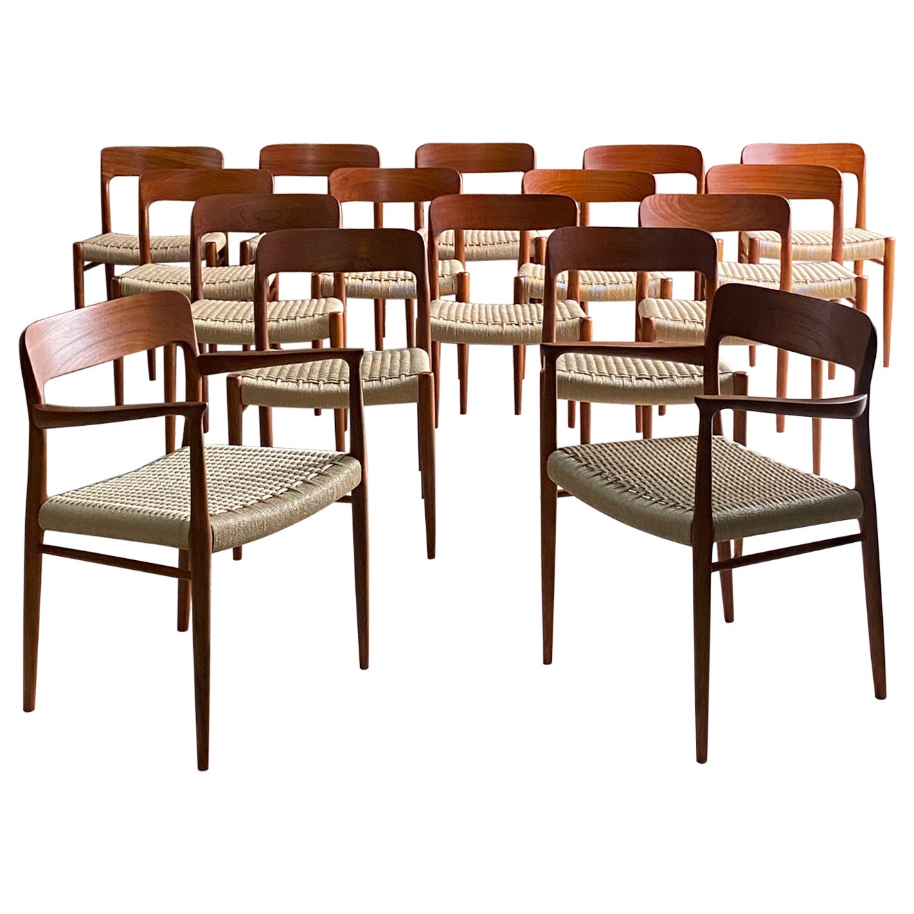 Niels Otto Moller Teak & Paper Cord Dining Chairs Model 56 & 75 Set of 16, 1960 For Sale