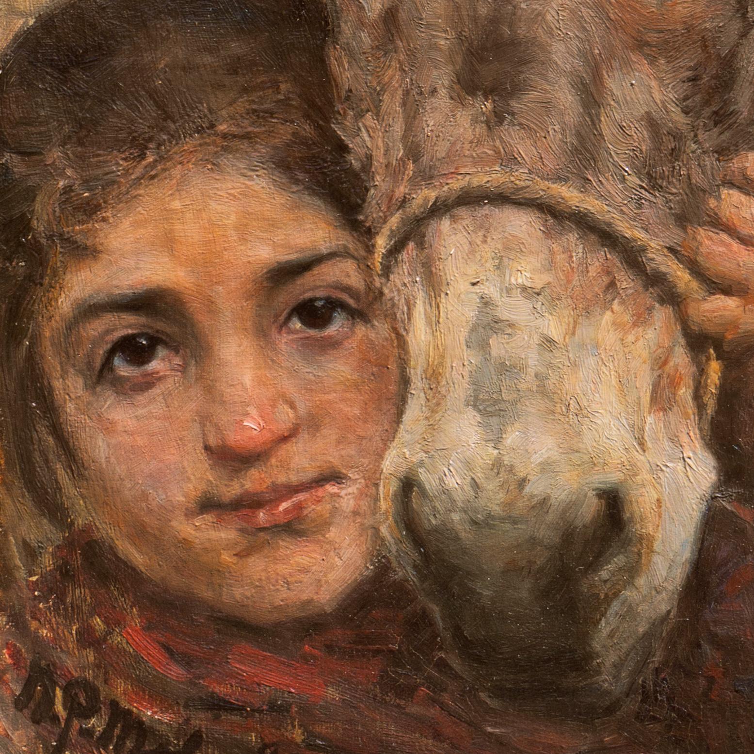 « Old Friends:: Gentle 19th century »:: huile d'une jeune fille de ferme avec deuxânes - Réalisme Painting par Niels Pederson Mols