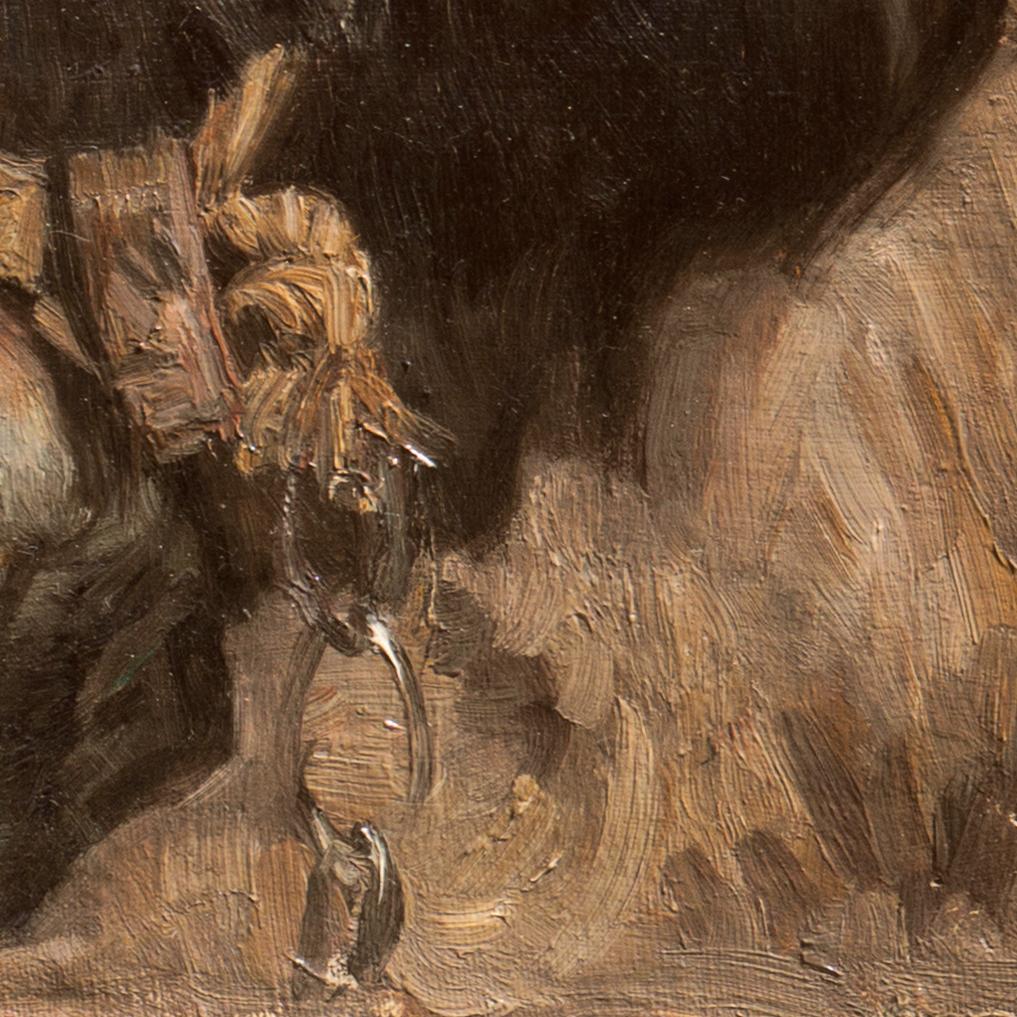 « Old Friends:: Gentle 19th century »:: huile d'une jeune fille de ferme avec deuxânes - Marron Animal Painting par Niels Pederson Mols
