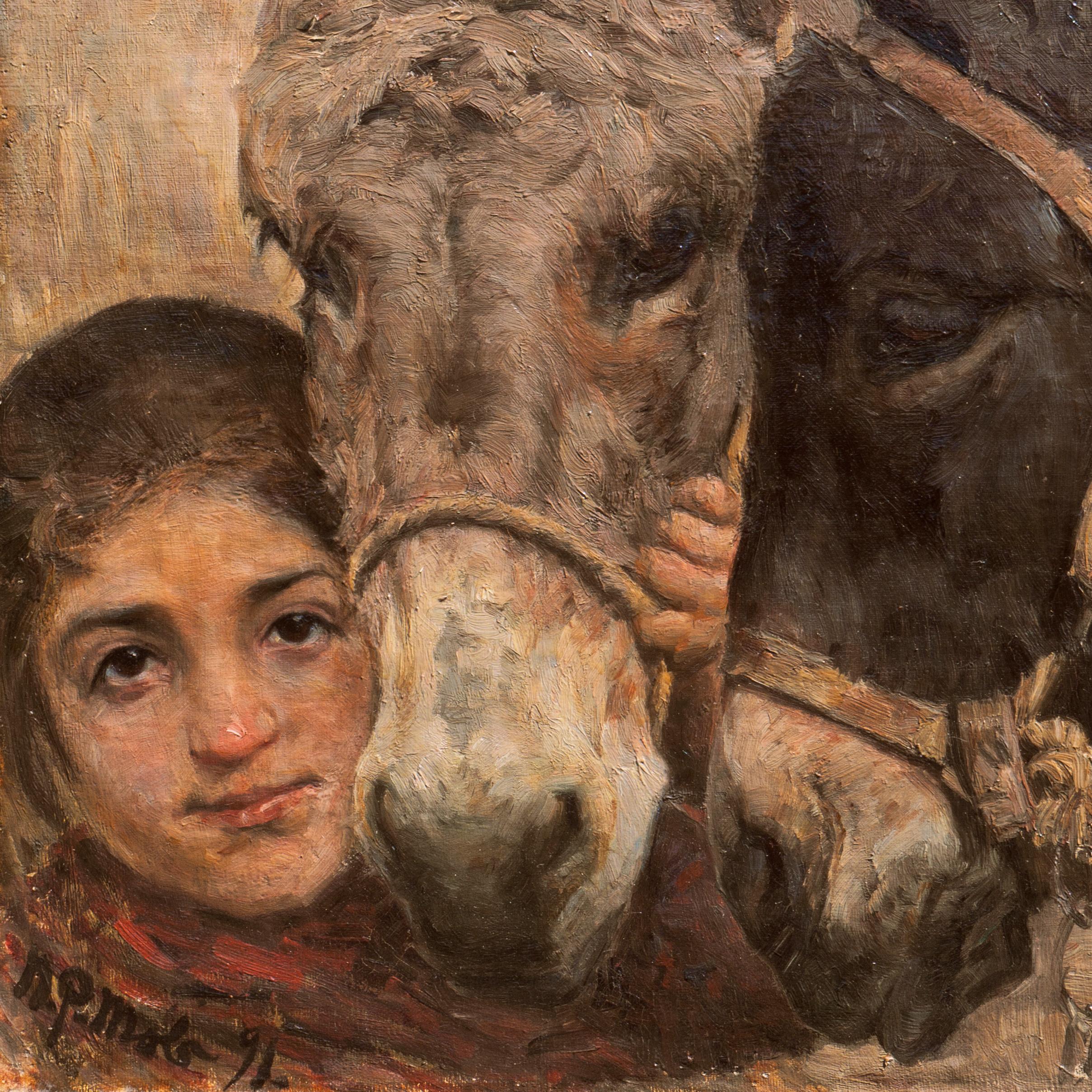Une belle peinture à l'huile de la fin du XIXe siècle représentant une jeune fille de ferme italienne tenant la bride d'un âne gris préféré et éblouissant son museau:: tandis qu'un âne en châtaignier se tient à côté d'elle. 
Signé en bas à gauche::