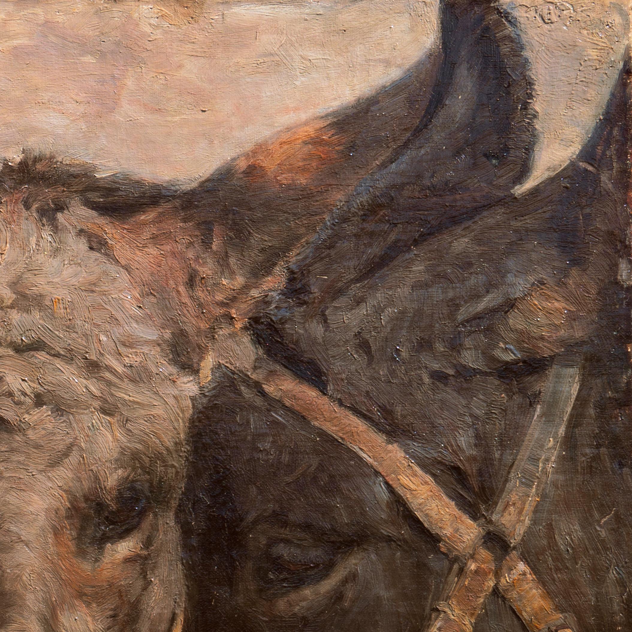 A fine, late 19th century oil painting showing a young Italian farm girl holding the bridle of a favorite grey donkey and nuzzling his muzzle while a chestnut donkey stands beside her.  
Signed lower left, 