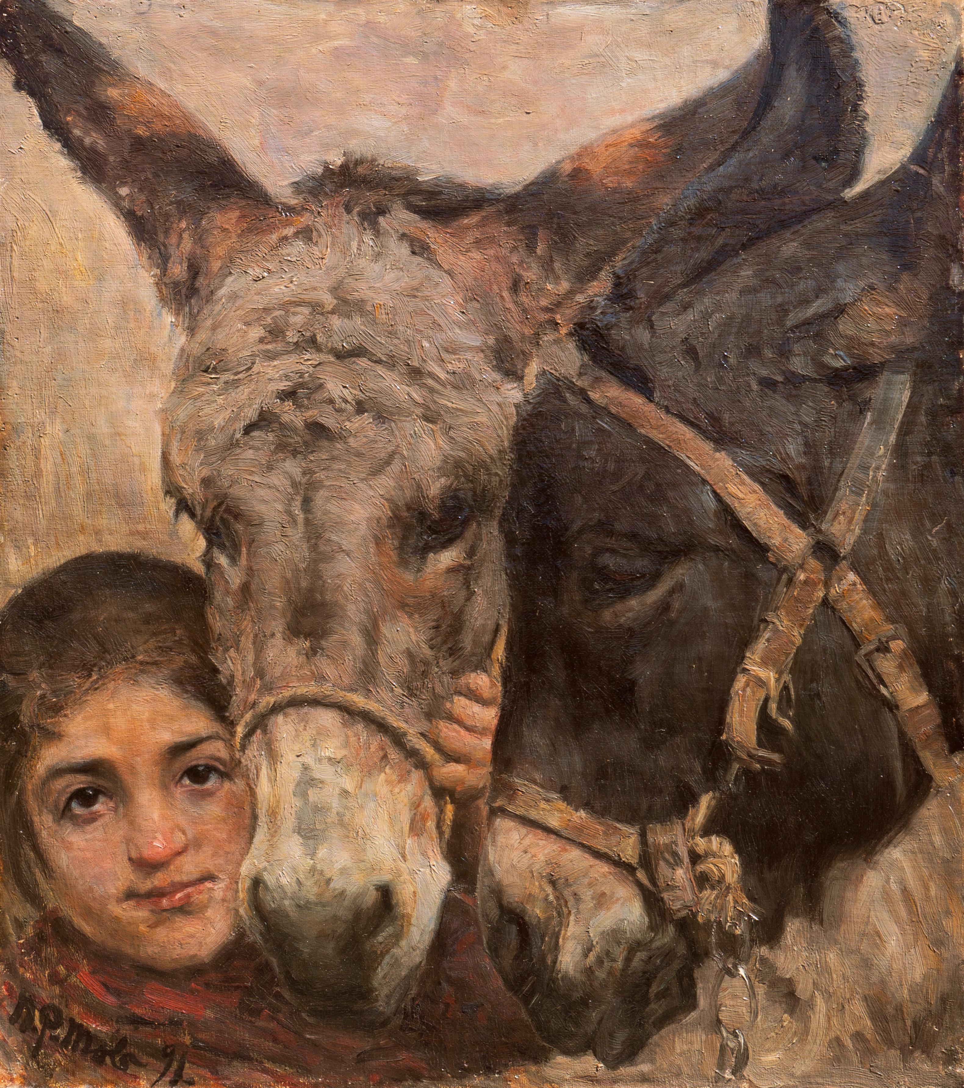 Niels Pederson Mols Animal Painting - Old Friends, Gentle 19th century oil of a Farm Girl with Two Donkeys