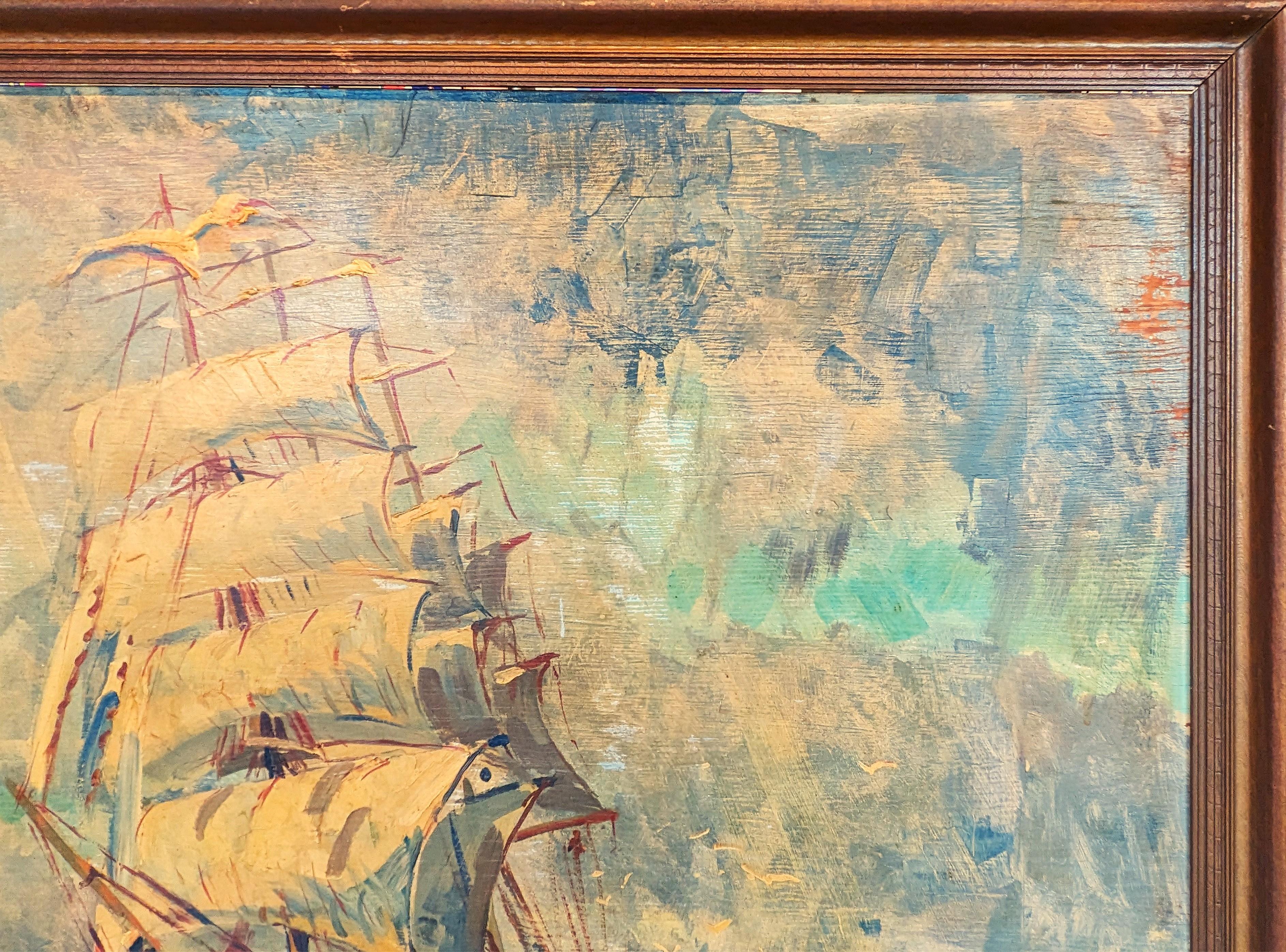 Frühes naturalistisches nautisches Gemälde eines Walfangschiffes und einer Crew auf See (Naturalismus), Painting, von Niels Peter Bolt