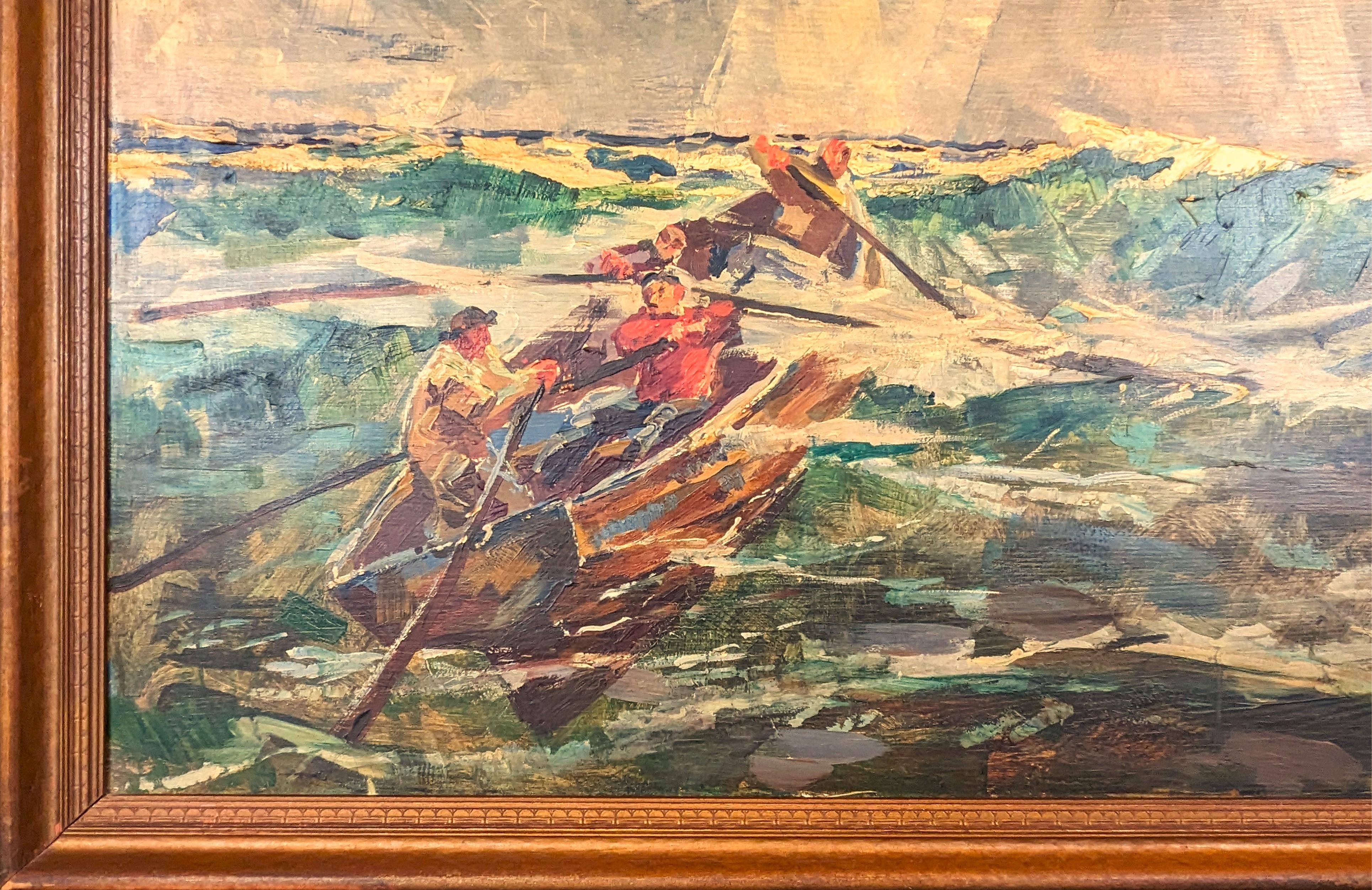 Peinture nautique précoce d'un navire de chasse et d'une équipe en mer en vente 1