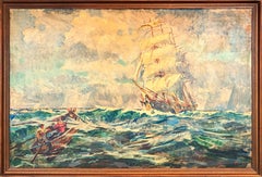 Early Naturalistic Nautical Painting of a Whaling Ship and Crew at Sea