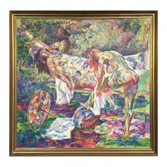 Early Naturalistic Painting of Two Lounging Nude Female Figures in Nature