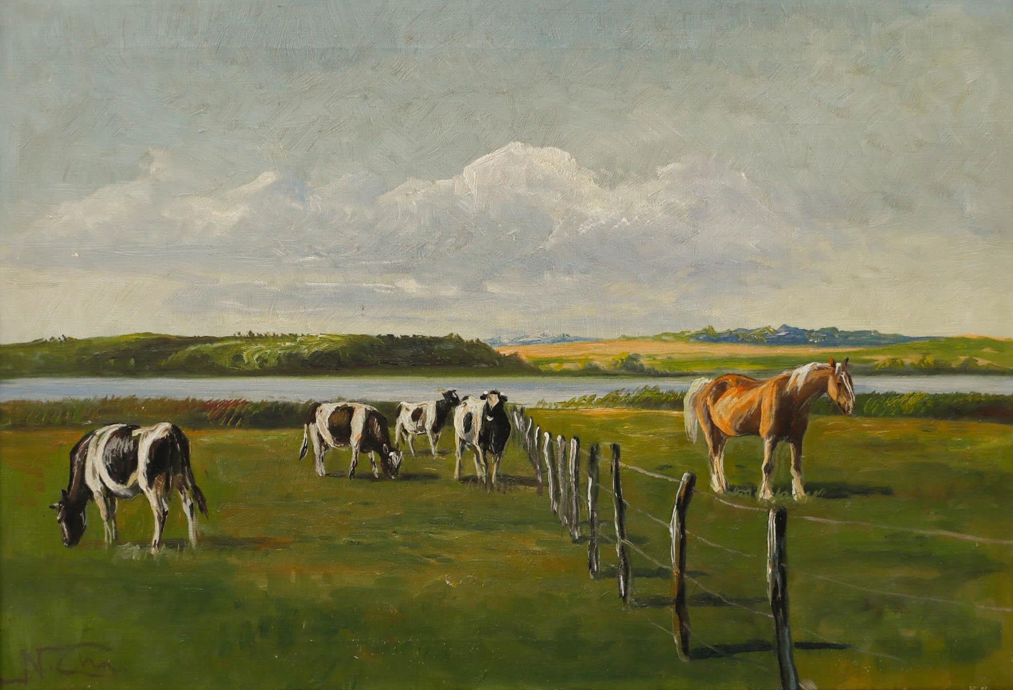 Niels Peter Christainsen (1873-1960) - Framed Oil, A Horse & Cattle Grazing - Painting by Niels Peter Christianson