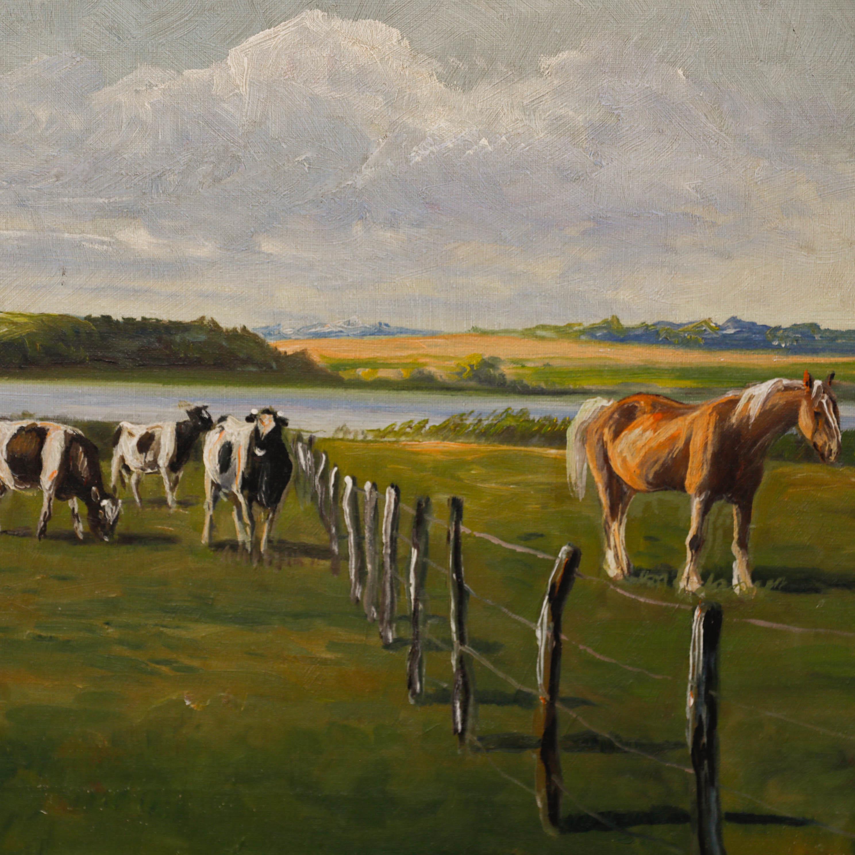 Original pastoral scene by the Danish painter Niels Peter Christiansen (1873-1960). Horse and cattle grazing a riverside field. Well presented in a 20th-century gilt frame. Signed in the lower left. On canvas on stretchers.