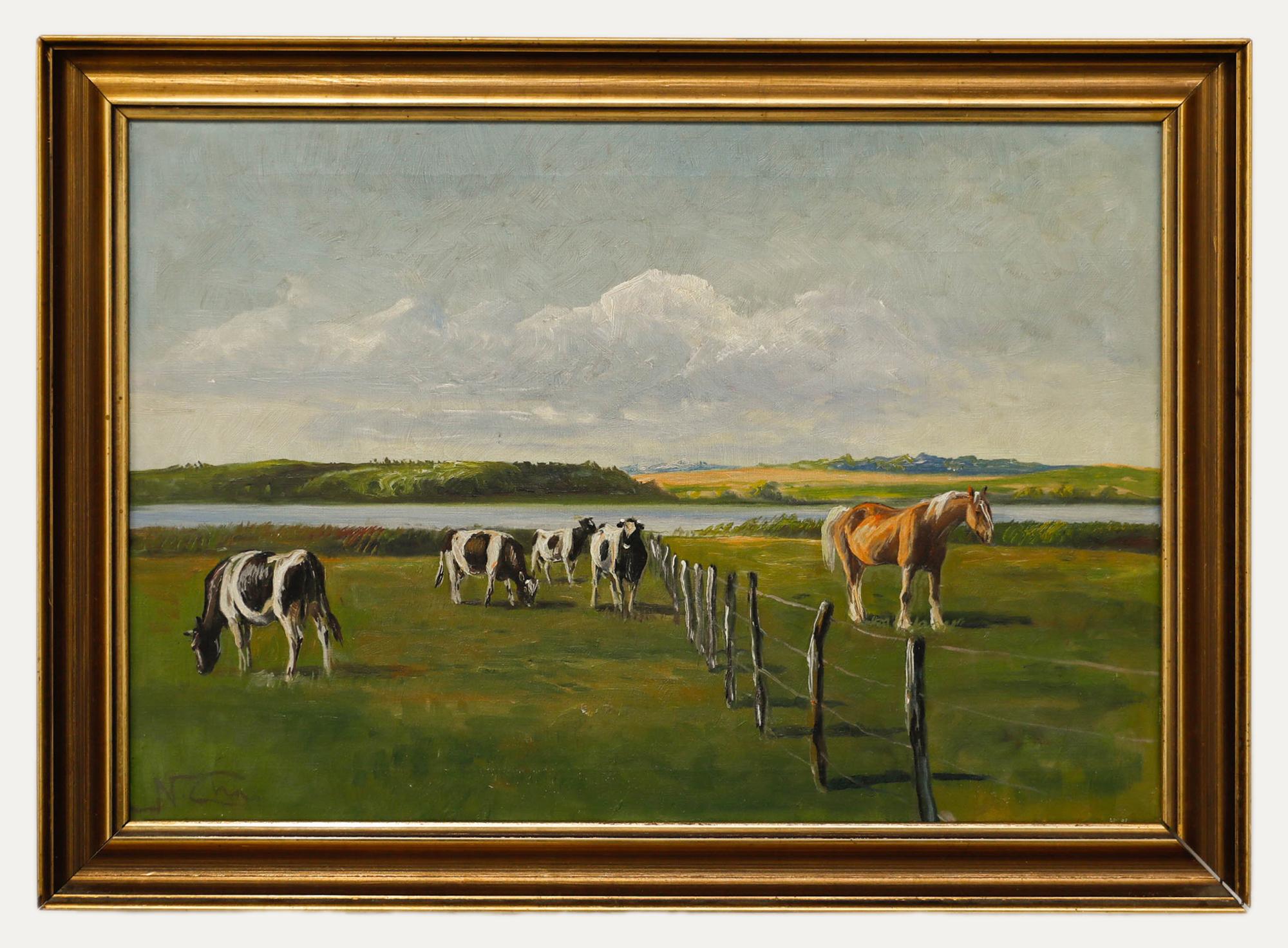 Niels Peter Christianson Landscape Painting - Niels Peter Christainsen (1873-1960) - Framed Oil, A Horse & Cattle Grazing
