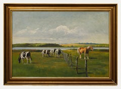 Niels Peter Christainsen (1873-1960) - Óleo enmarcado, Un caballo y ganado pastando