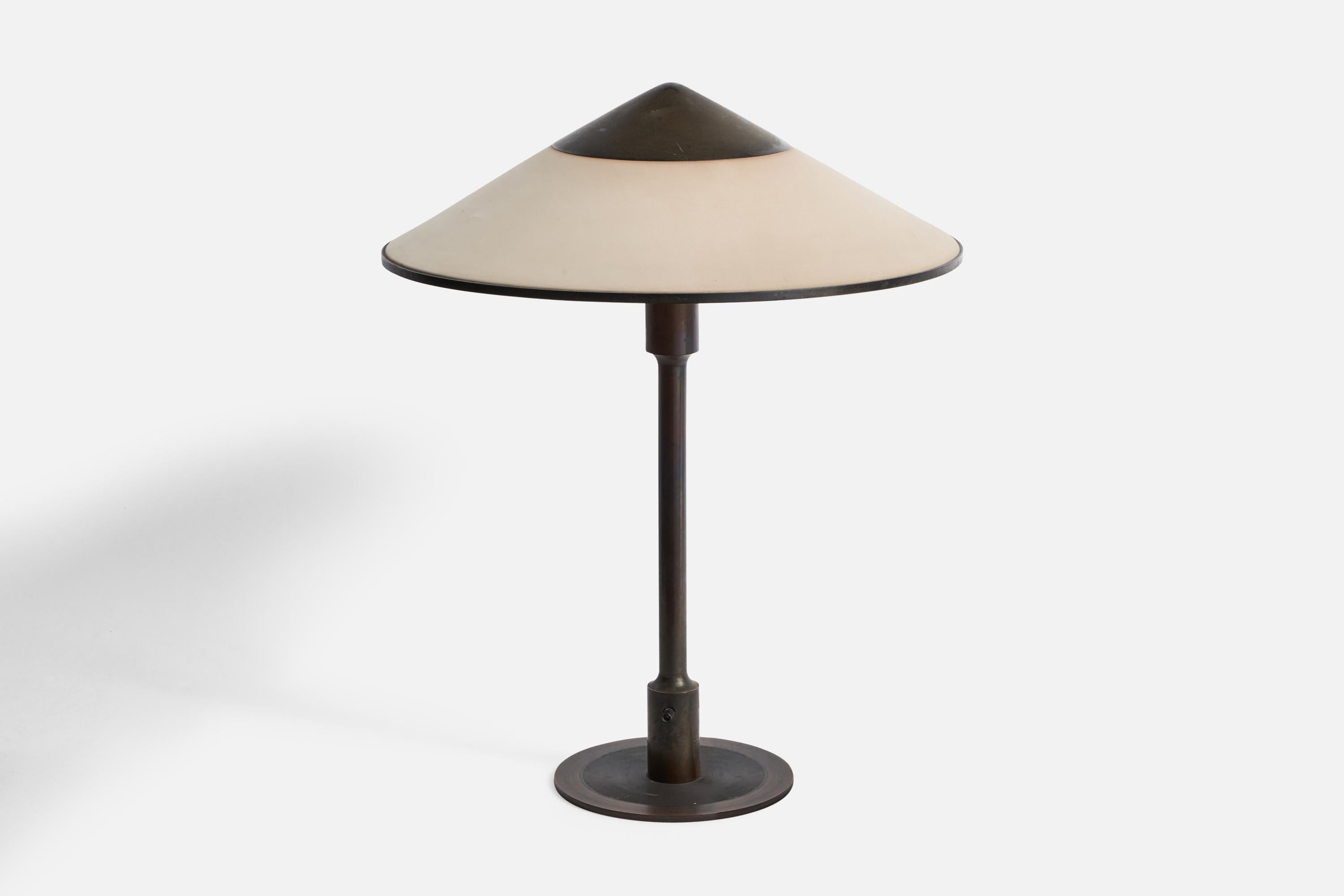 A brass and off-white waxed paper table lamp designed and produced by Niels Rasmussen Thykier, Denmark, 1930s.

Overall Dimensions (inches): 19.38” H x 15” Diameter
Bulb Specifications: E-26 Bulb
Number of Sockets: 1
All lighting will be converted