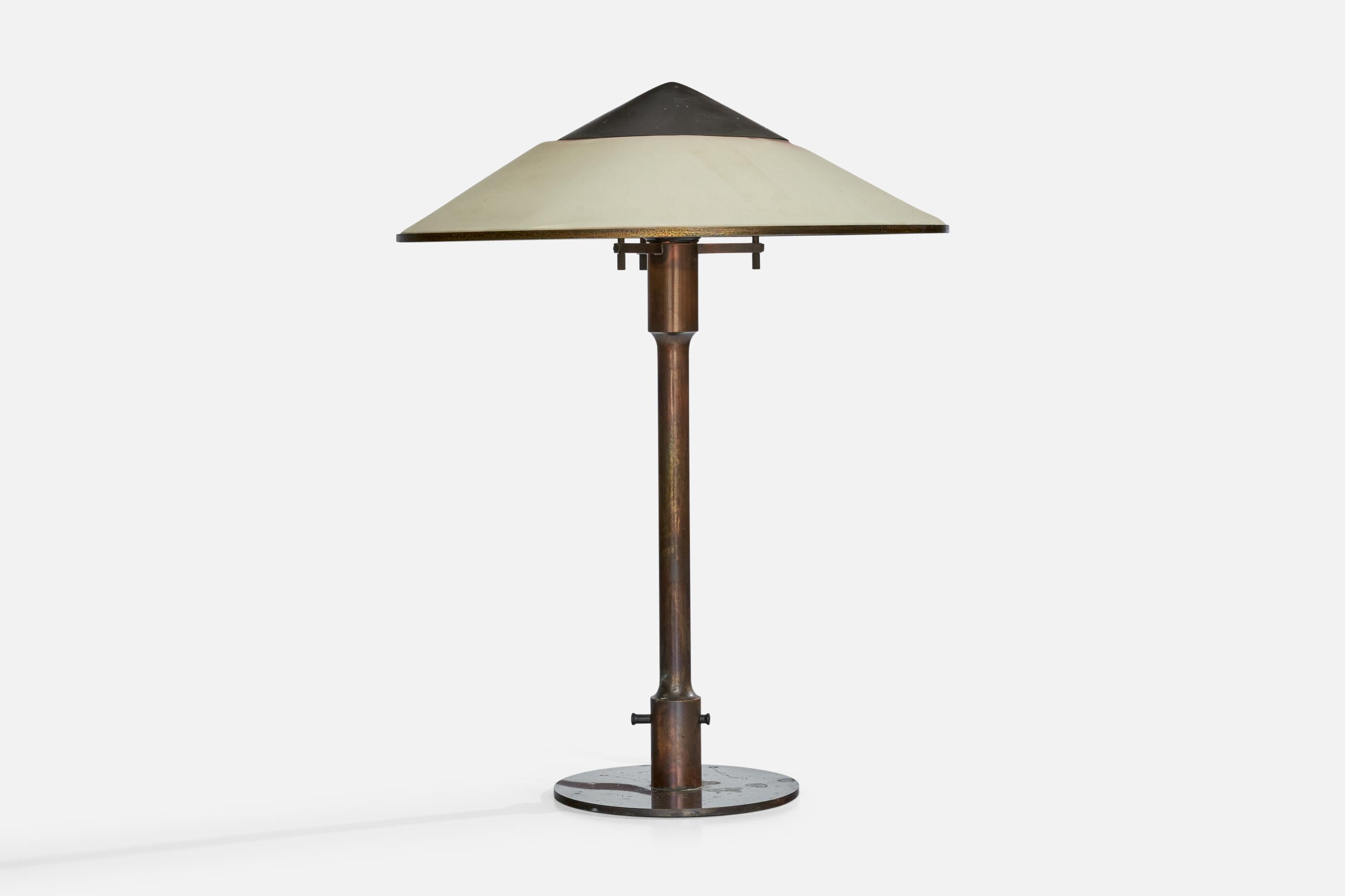 A brass, waxed white paper and copper table lamp designed and produced by Niels Rasmussen Thykier, Denmark, 1930s.

Dimensions of Lamp with Shade (inches): 19.5” H x 14.75“ Diameter

Bulb Specifications: E-26 Bulb

Number of Sockets (per fixture):