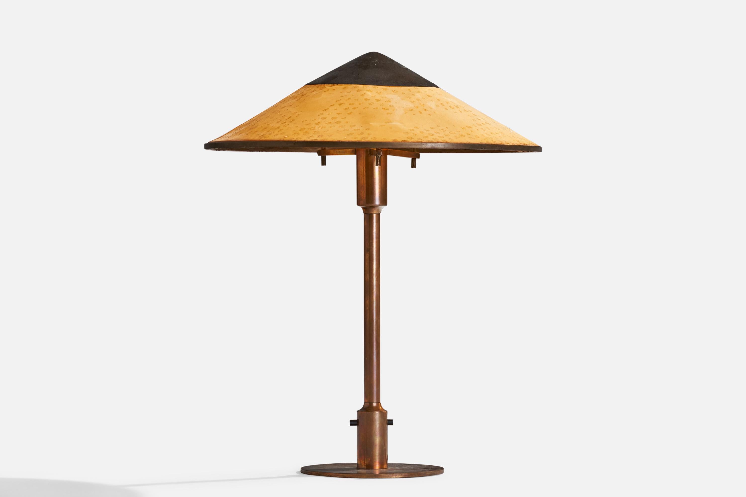 A copper and orange waxed paper table lamp designed and produced by Niels Rasmussen Thykier, Denmark, 1930s.

Overall Dimensions (inches): 19.5” H 14.5” Diameter
Bulb Specifications: E-26 Bulb
Number of Sockets: 1
All lighting will be converted for