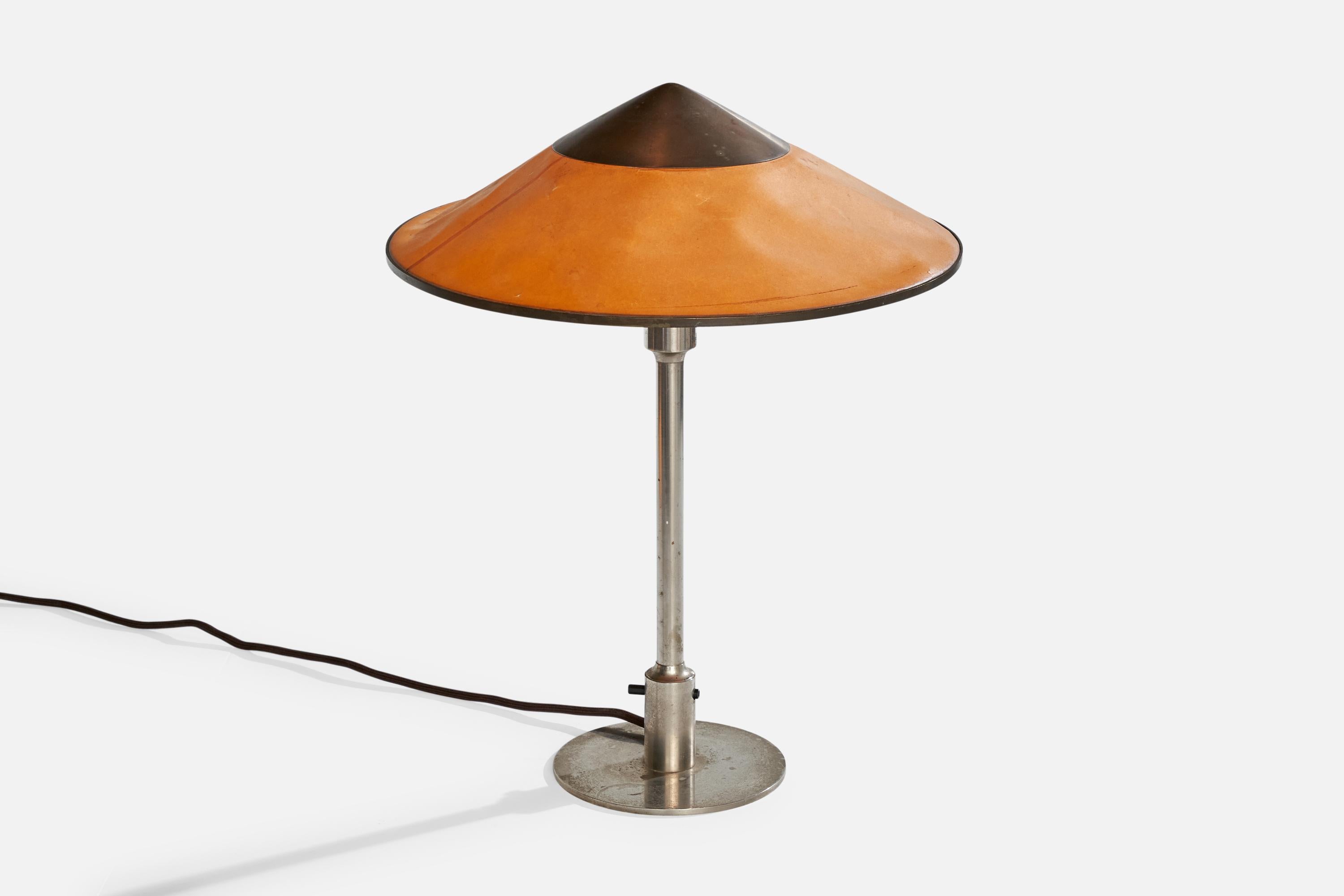 Scandinavian Modern Niels Rasmussen Thykier, Table Lamp, Nickel. Copper, Paper, Denmark, 1930s
