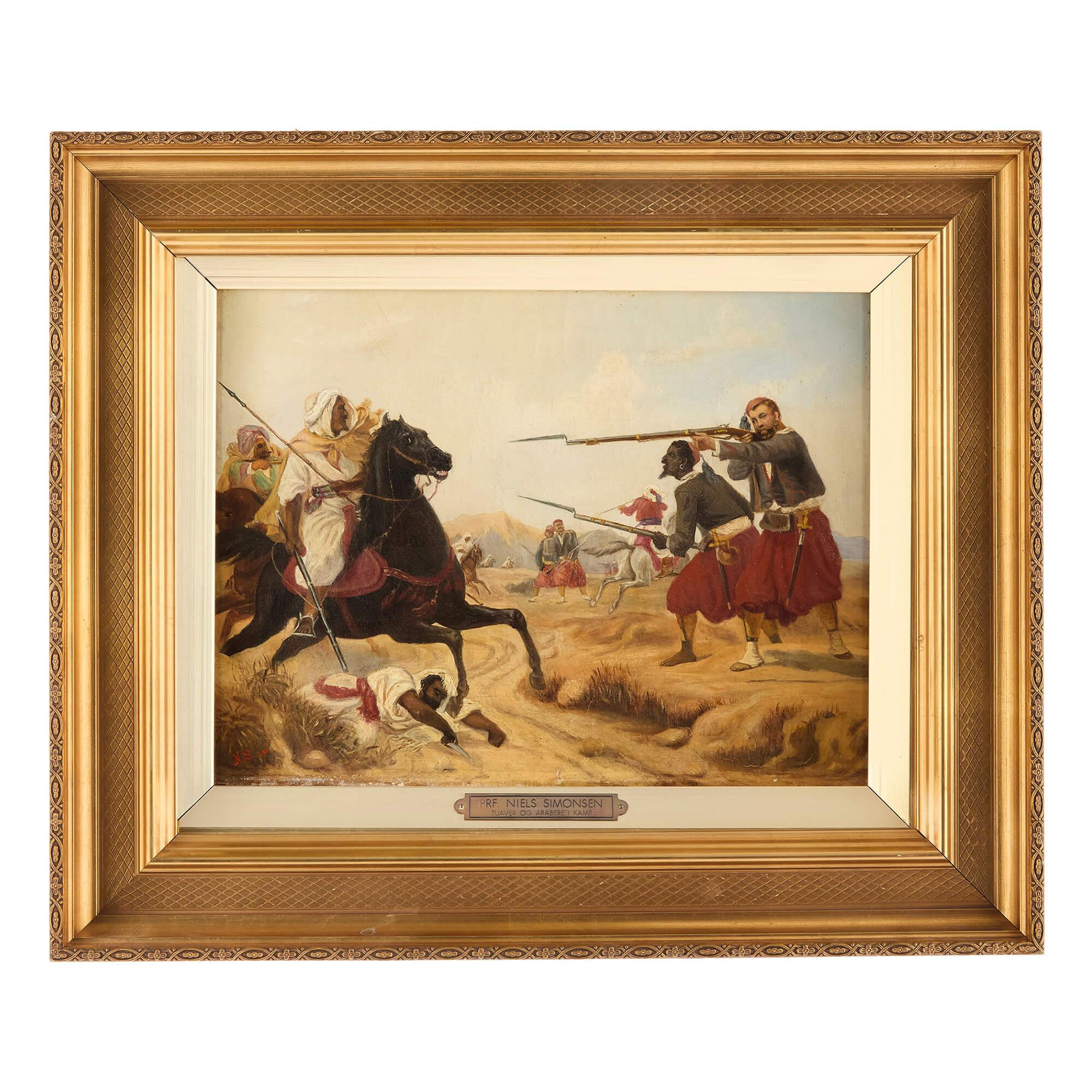 Antikes dänisches orientalisches Ölgemälde einer militärischen Szene von Niels Simonsen
Dänisch, 1860
Segeltuch: Höhe 27cm, Breite 35cm
Rahmen: Höhe 43cm, Breite 52cm, Tiefe 4cm

Dieses sehr schöne orientalische Gemälde stammt von dem berühmten