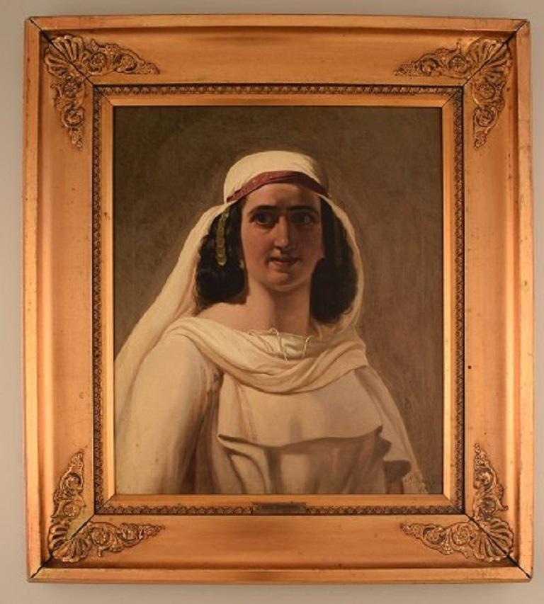 Niels Simonsen (1807-1885). Danish Golden Age painter and orientalist. Oil on canvas. Oriental beauty. 
Dated 1859.
The canvas measures: 48 x 41 cm.
The frame measures: 11 cm.
In excellent condition.
Signed and dated.