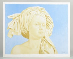 Niels Strøbek. Color lithograph. Naturalistic portrait of a woman with headscarf
