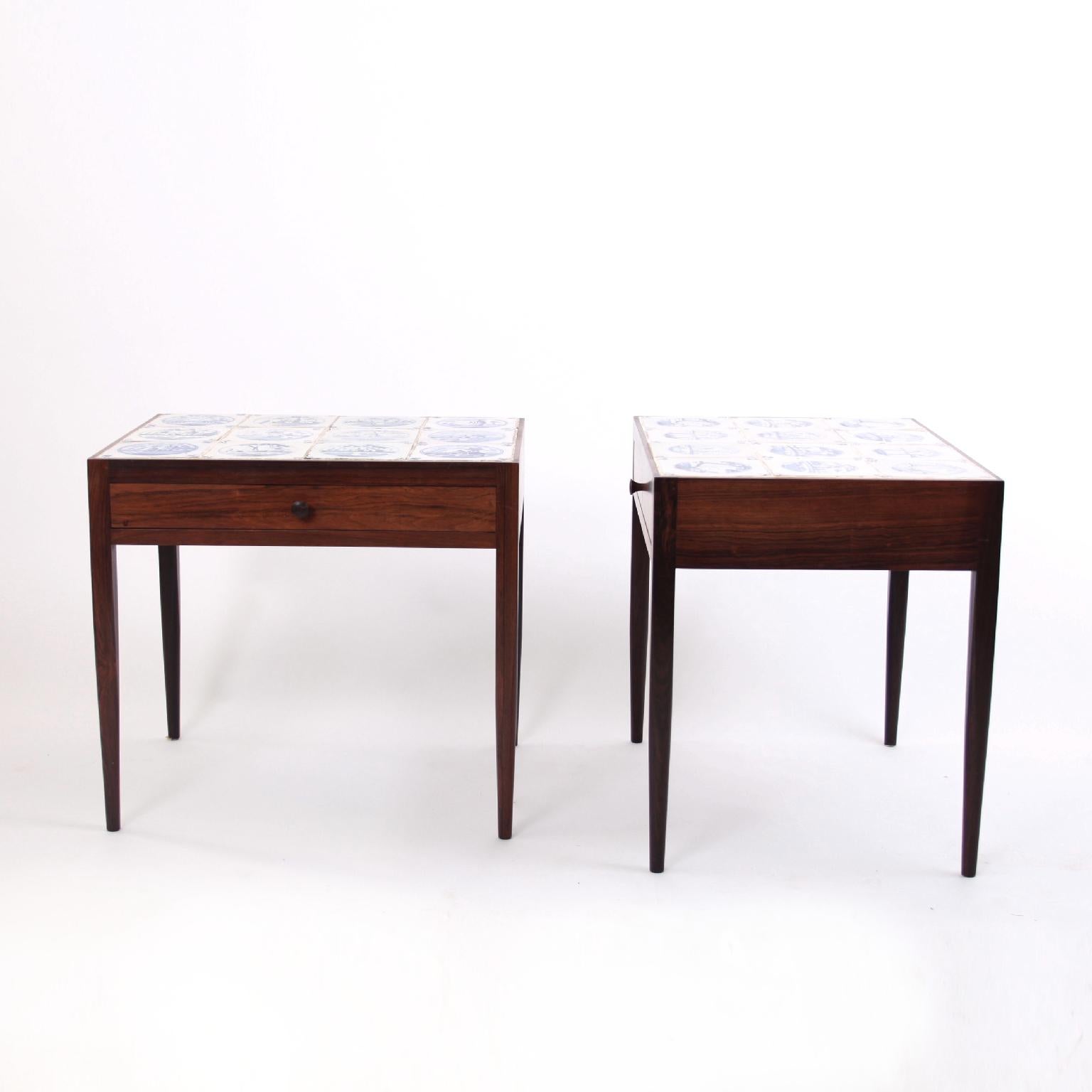 Mid-Century Modern Niels Vodder Pair of Side Tables in Rosewood and Antique Delft Tiles