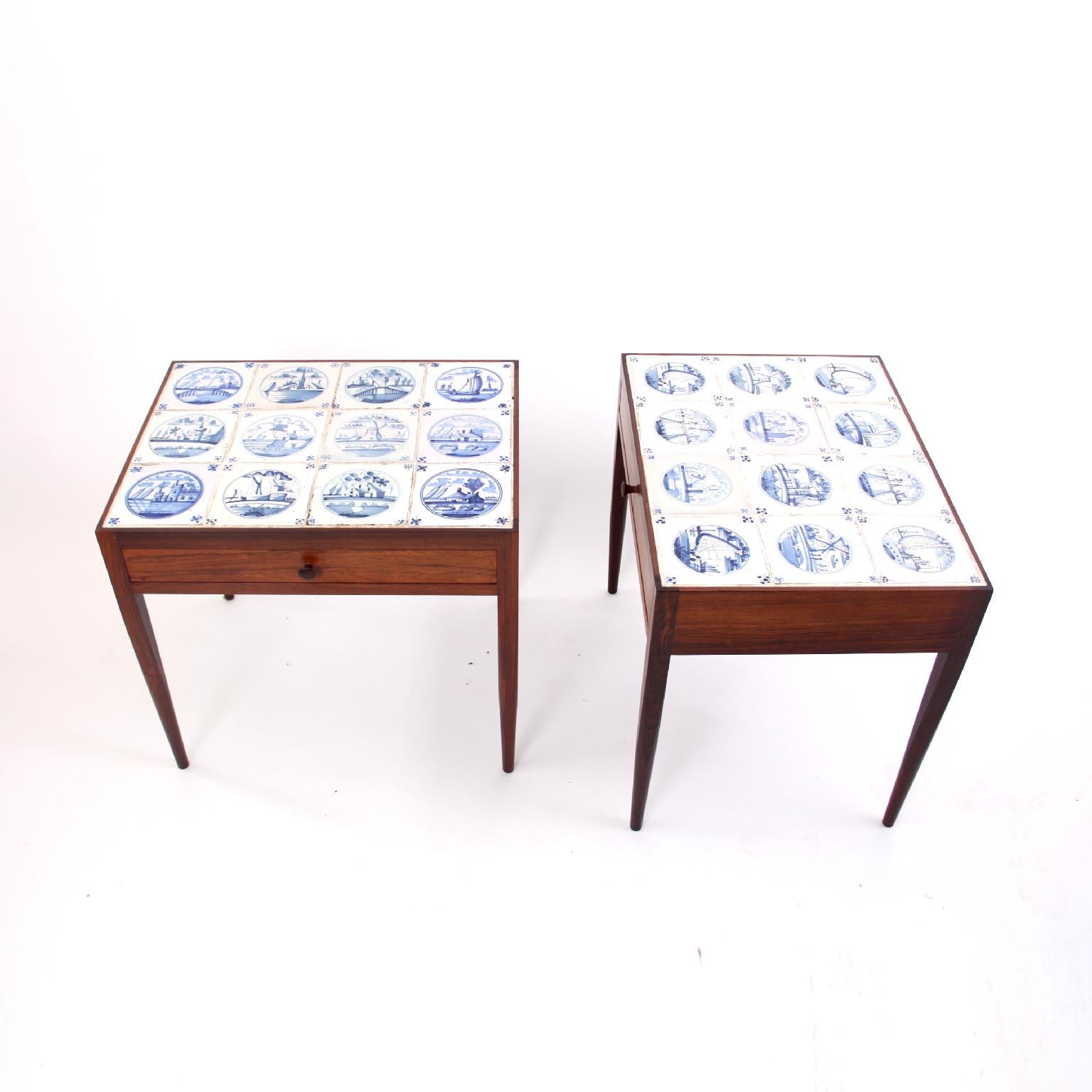 Danish Niels Vodder Pair of Side Tables in Rosewood and Antique Delft Tiles