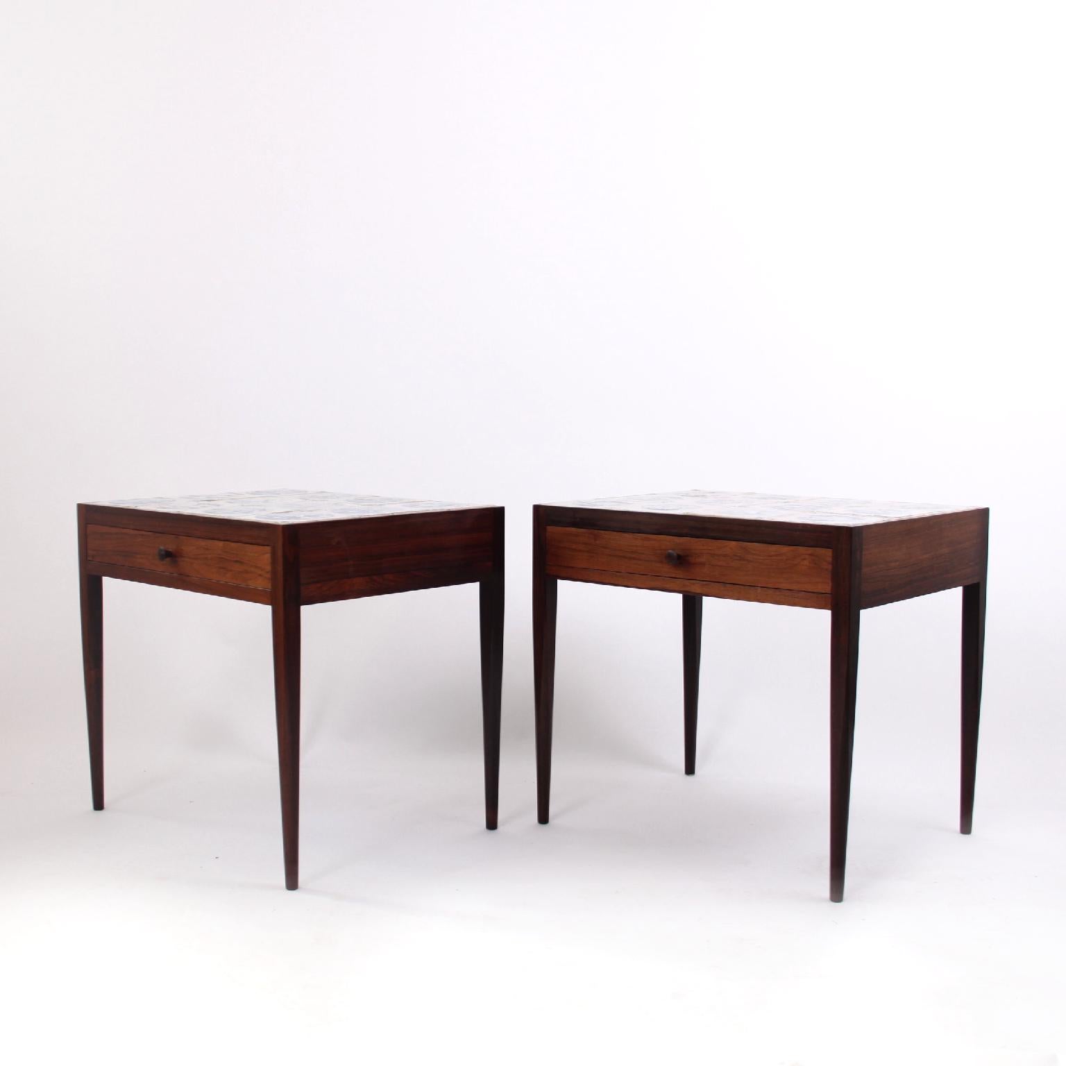 Oiled Niels Vodder Pair of Side Tables in Rosewood and Antique Delft Tiles