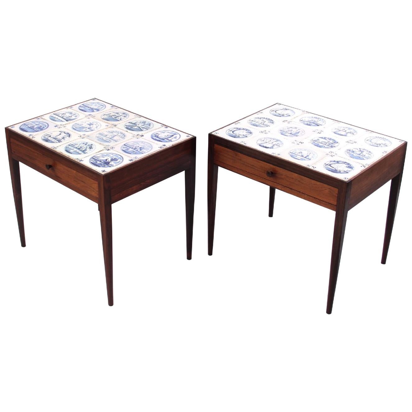 Niels Vodder Pair of Side Tables in Rosewood and Antique Delft Tiles