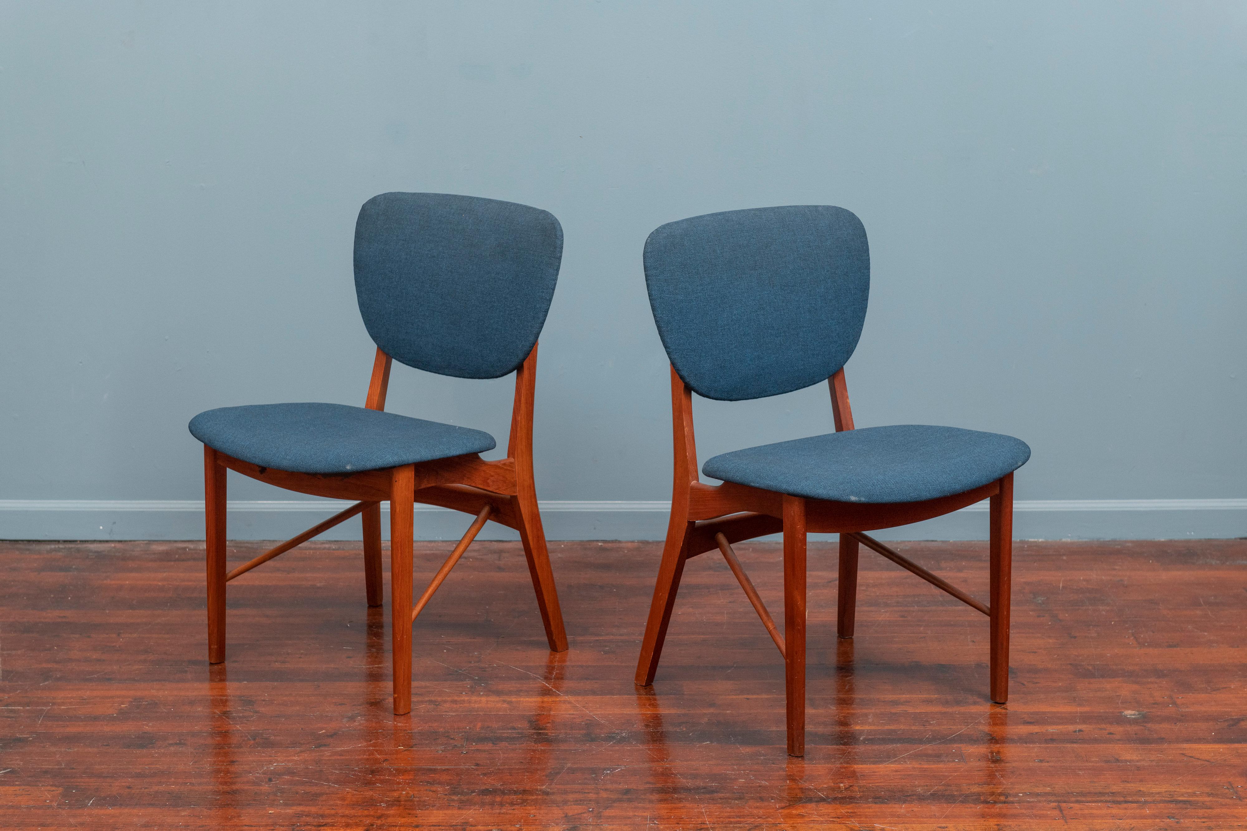 P.Vodder design dining chairs Model PV55 for Niels Vodder, Denmark. 
High quality design and construction teak dining chairs in the original wool upholstery. 
Teak frames are in very good original condition, very comfy and supportive design, stamped.