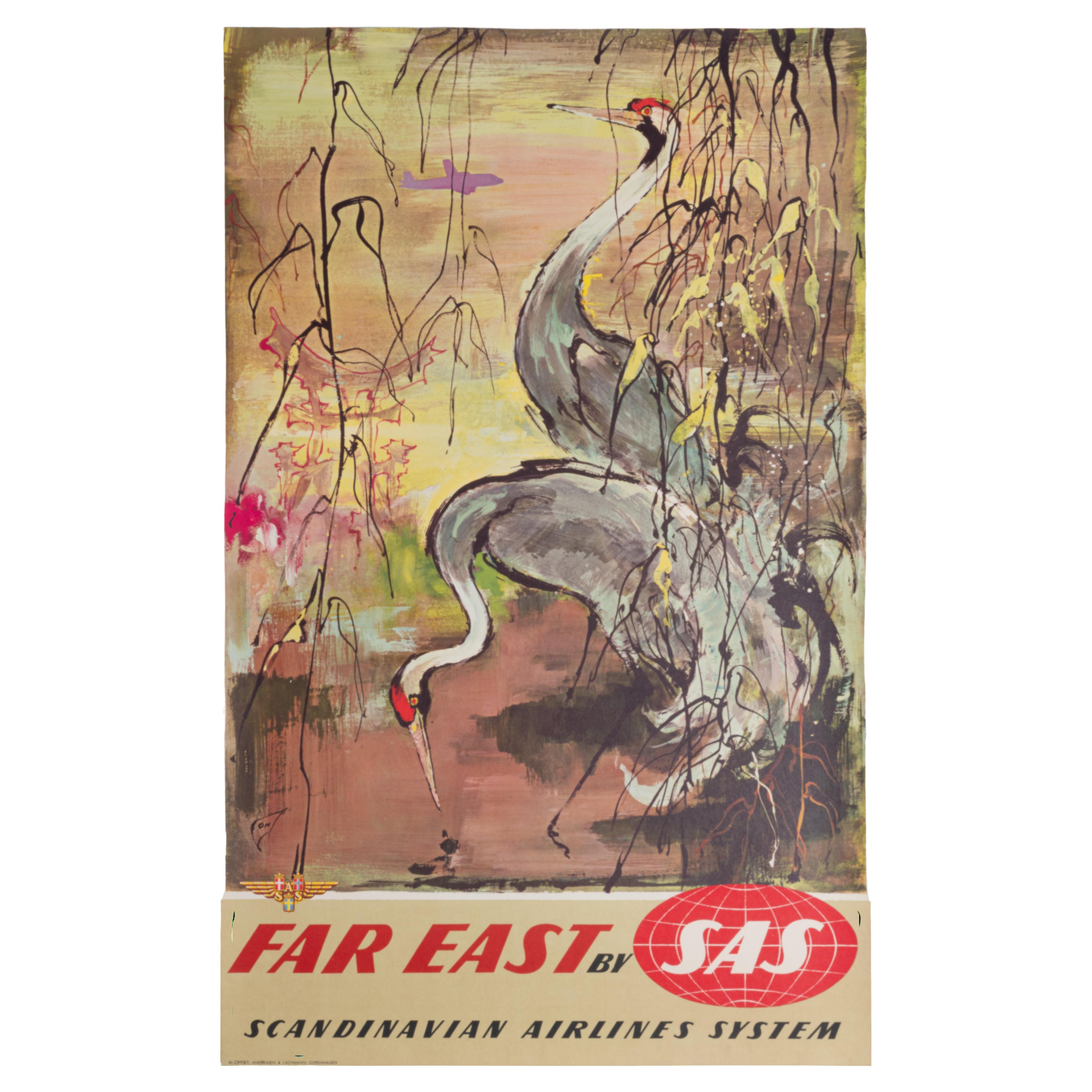 Affiche de voyage originale, Far East, Fly SAS Airline, Aviation, Heron 1960 en vente